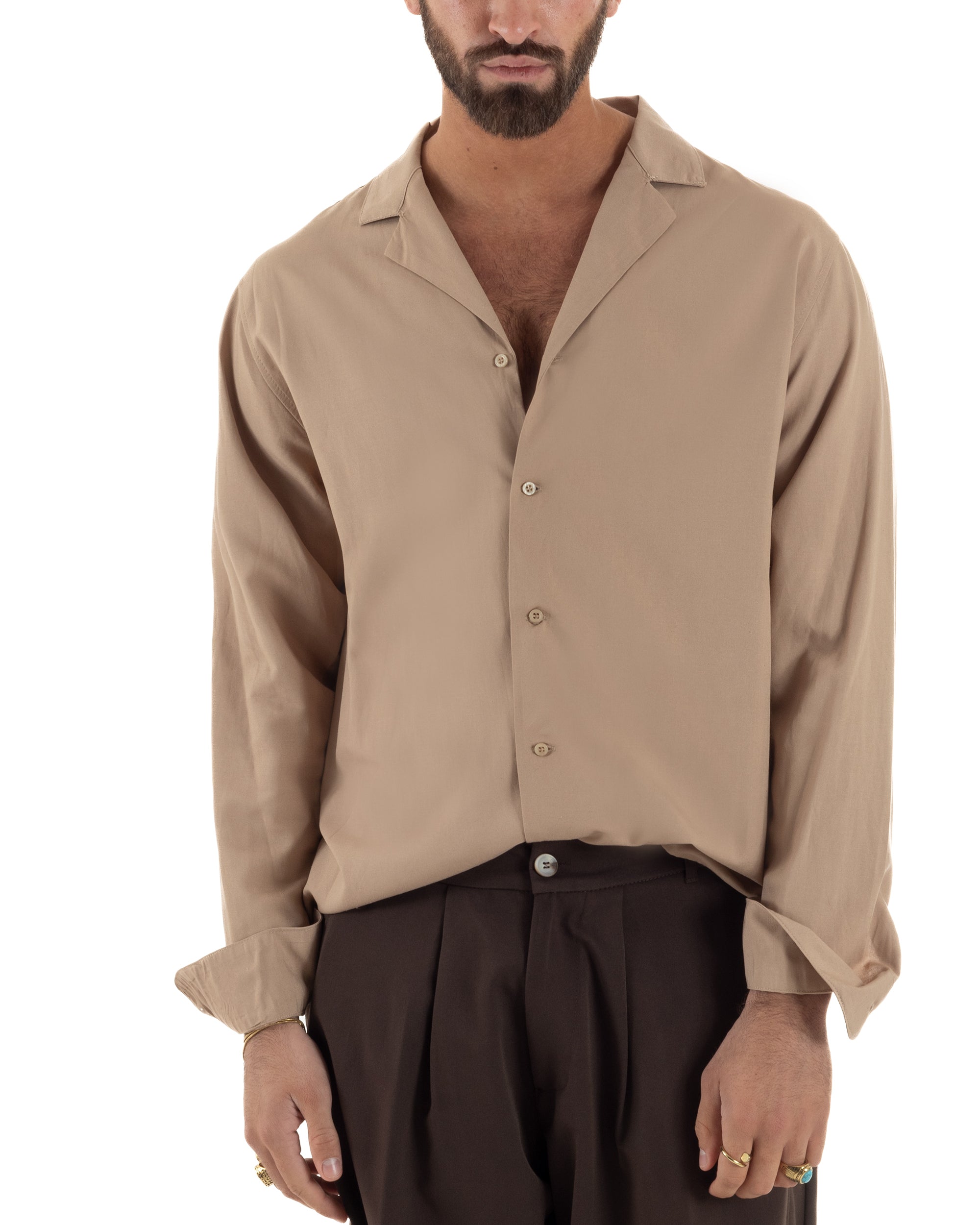 Camicia uomo oversize lino collo bowling relaxed fit scollo v camel BERNA M-261223