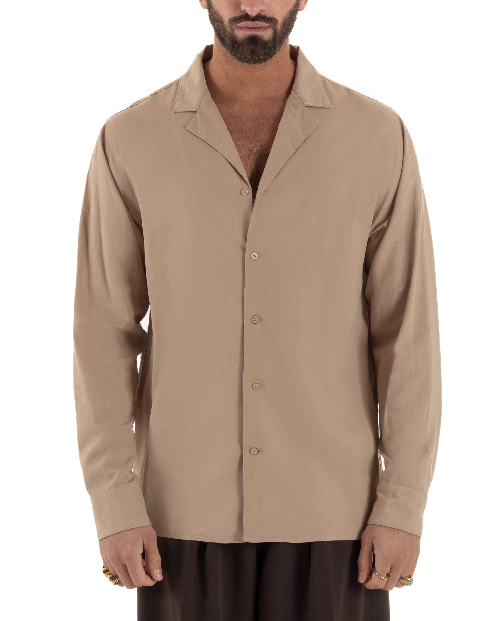 Camicia uomo oversize lino collo bowling relaxed fit scollo v camel BERNA M-261223
