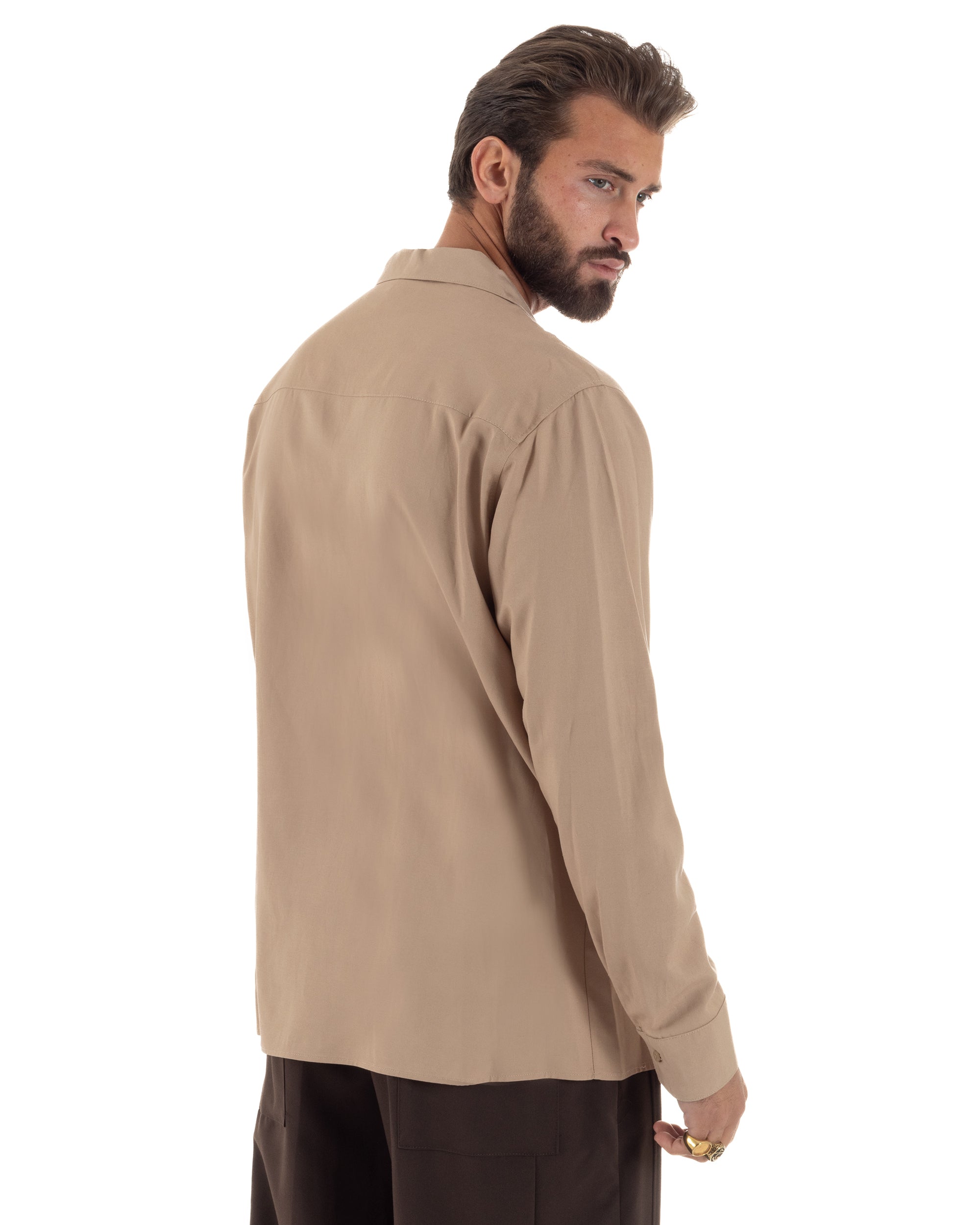 Camicia uomo oversize lino collo bowling relaxed fit scollo v camel BERNA M-261223