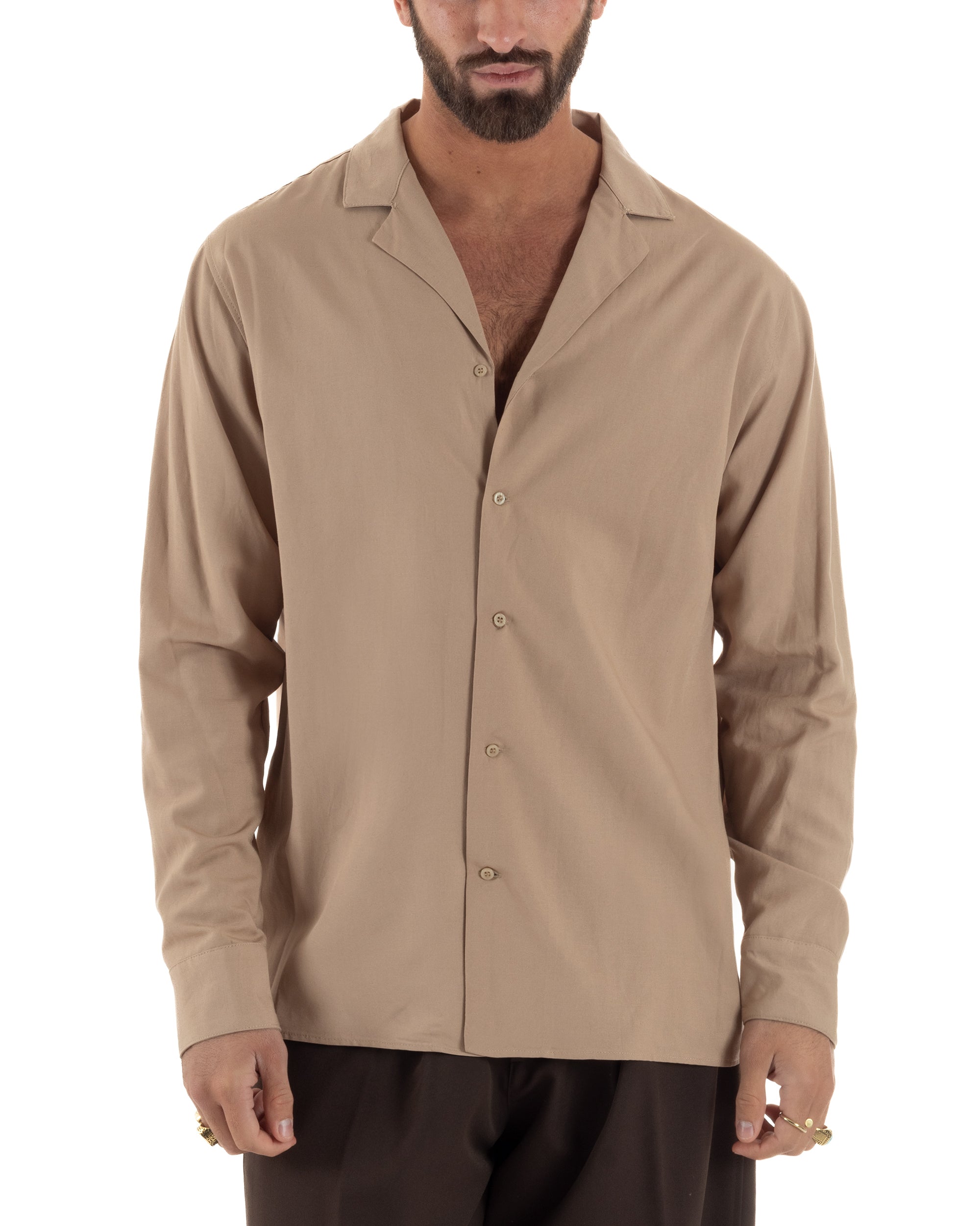 Camicia uomo oversize lino collo bowling relaxed fit scollo v camel BERNA M-261223