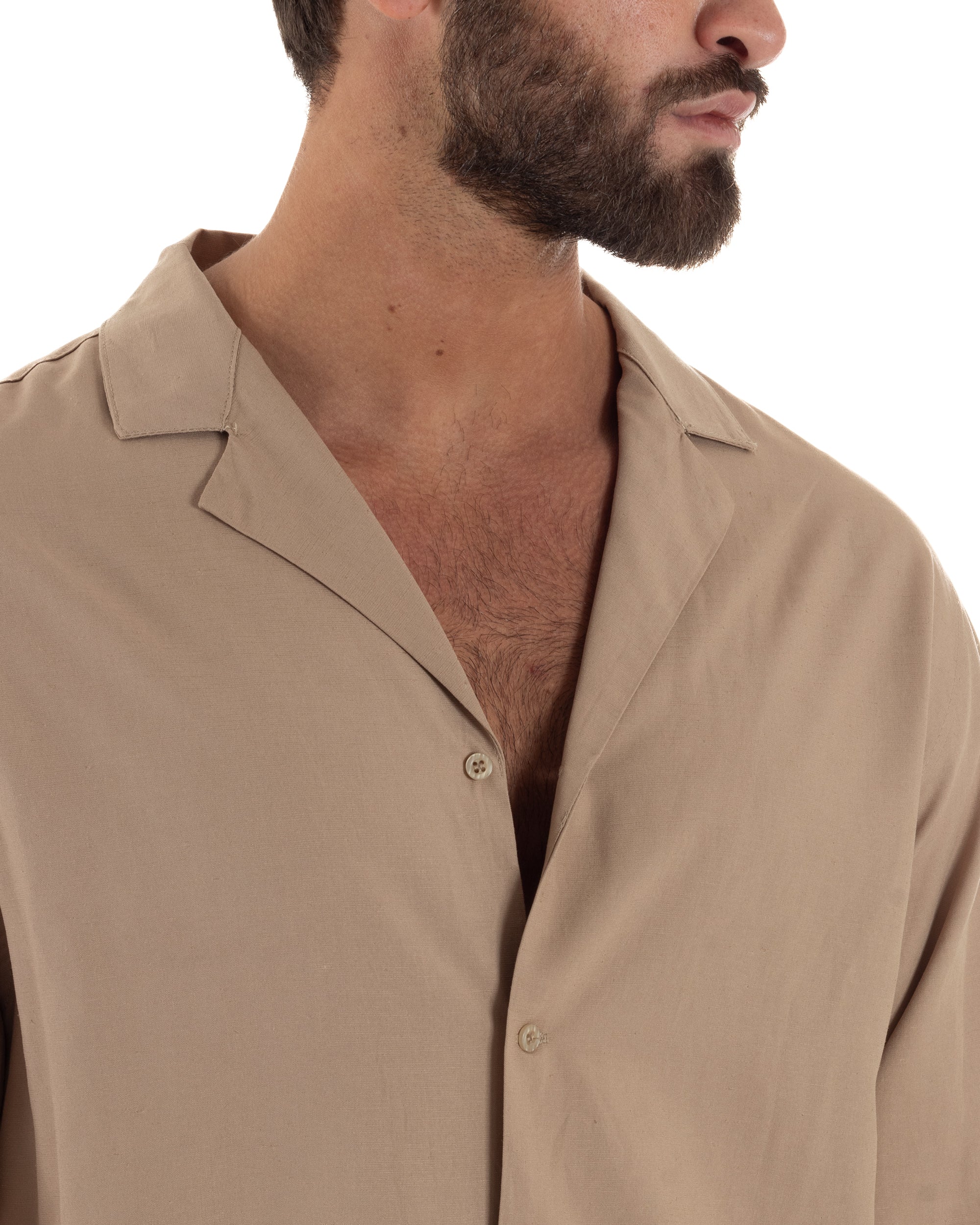 Camicia uomo oversize lino collo bowling relaxed fit scollo v camel BERNA M-261223