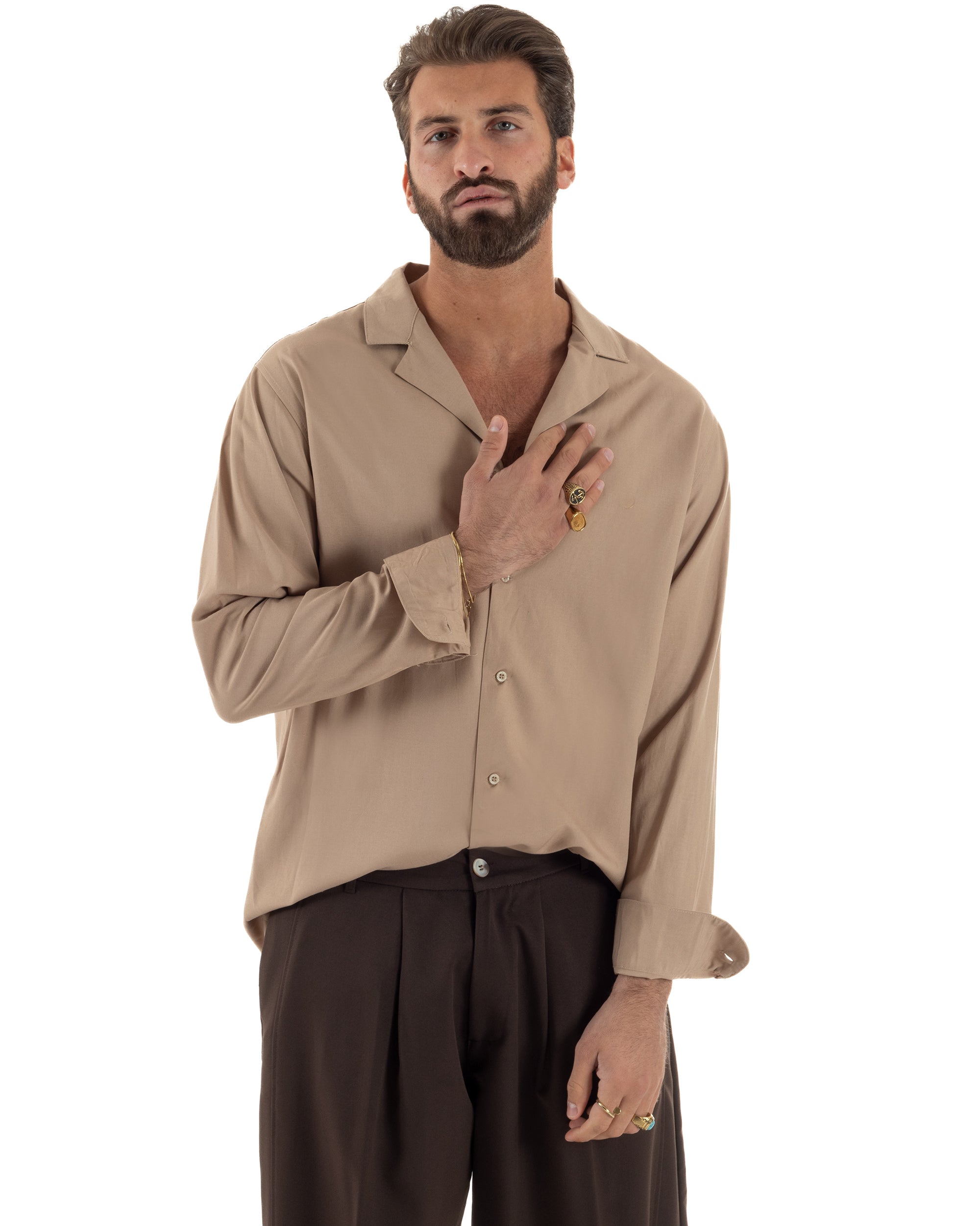 Camicia uomo oversize lino collo bowling relaxed fit scollo v camel BERNA M-261223