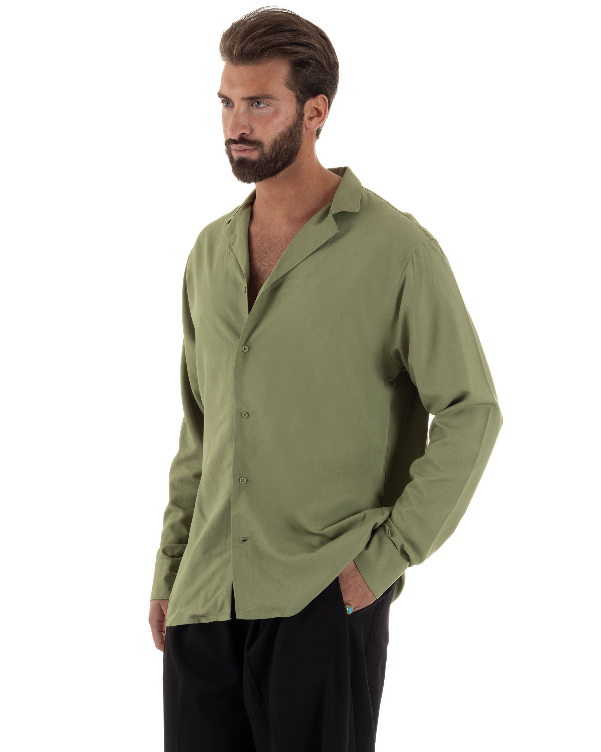Camicia uomo oversize lino collo bowling relaxed fit scollo v verde oliva BERNA M-261223