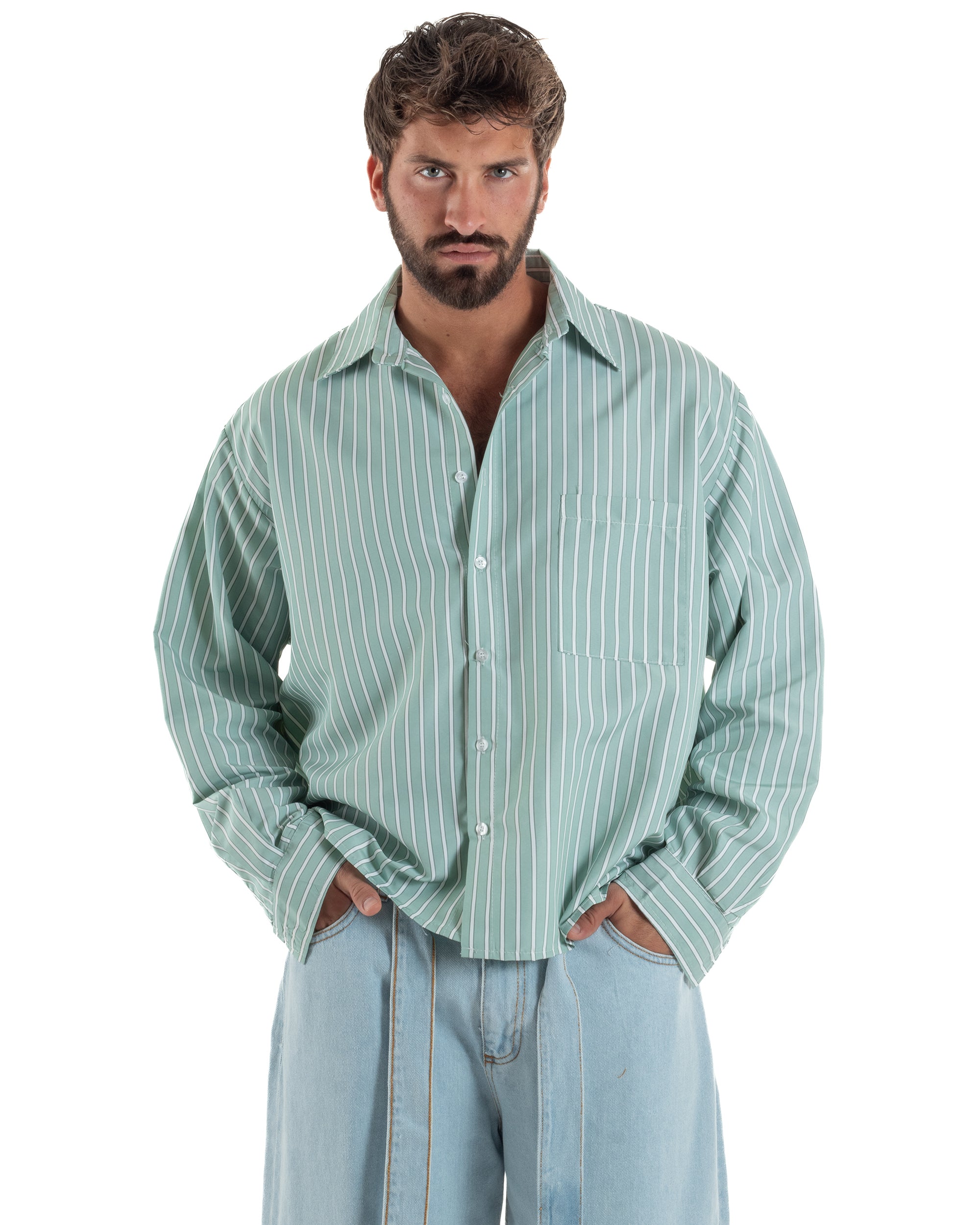 Camicia uomo unisex crop long sleeve boxy fit rigata verde GIOSAL-C3079A