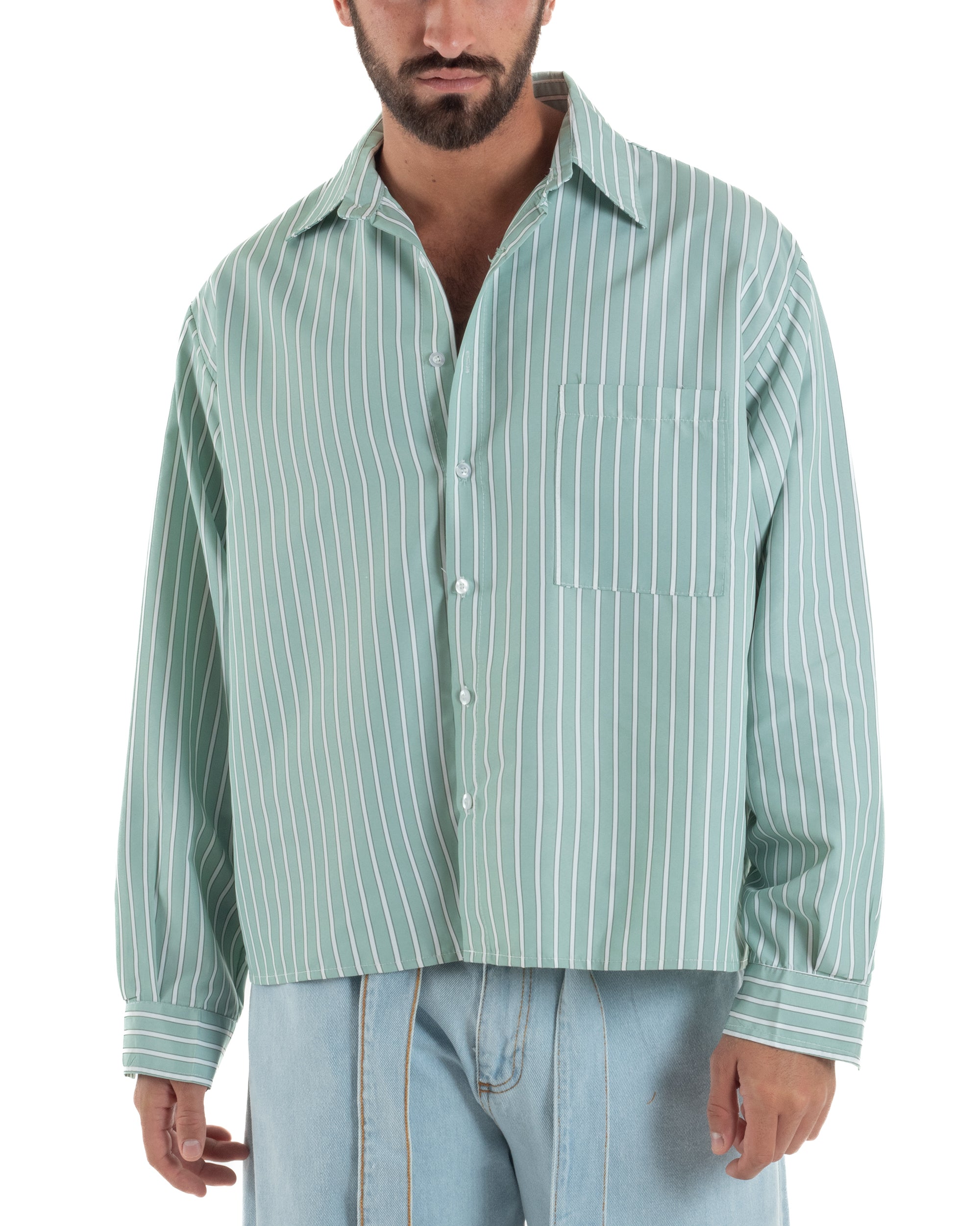 Camicia uomo unisex crop long sleeve boxy fit rigata verde GIOSAL-C3079A