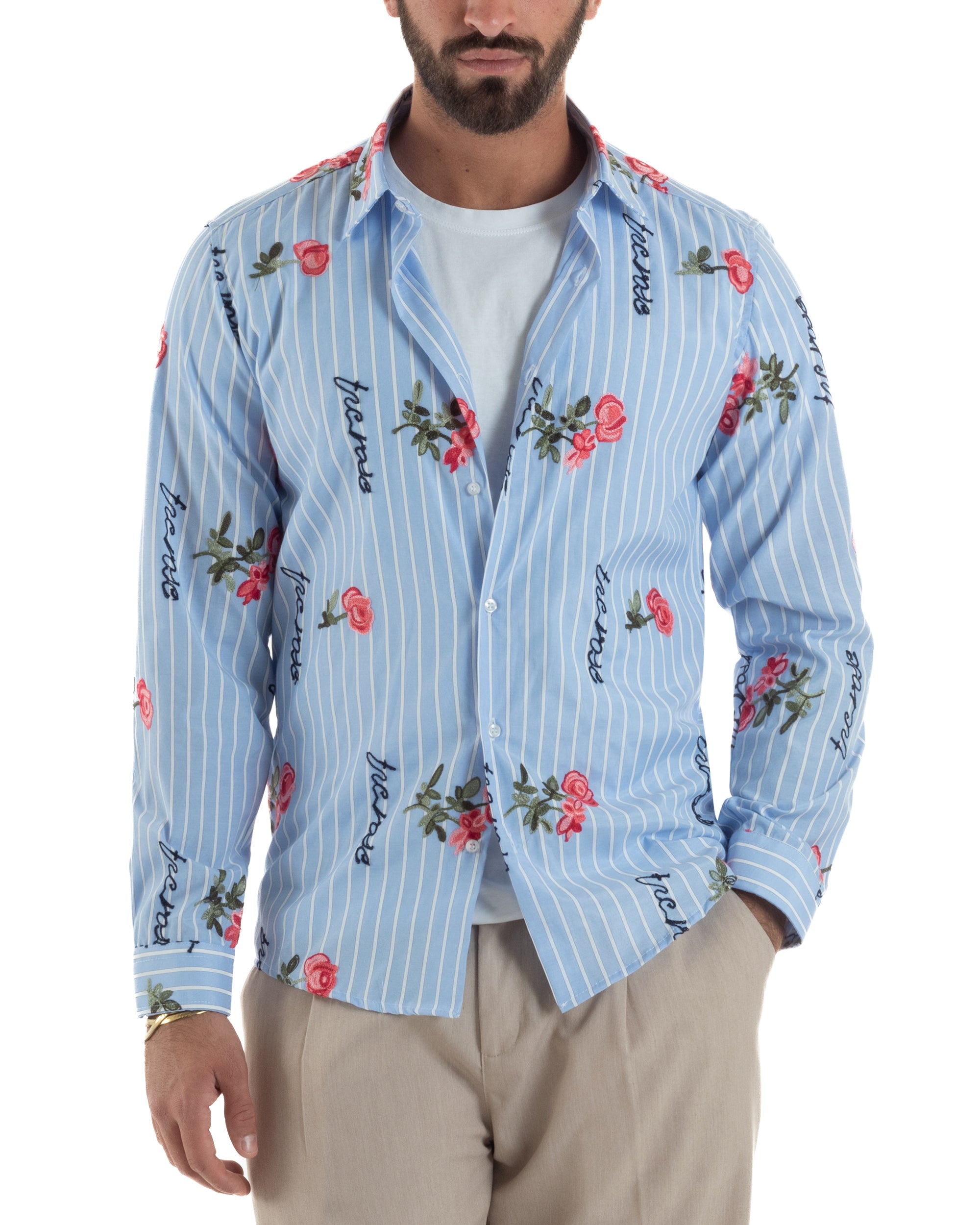 Camicia uomo unisex celeste rigata rose ricamate rilievo filo multicolore Blacksunday