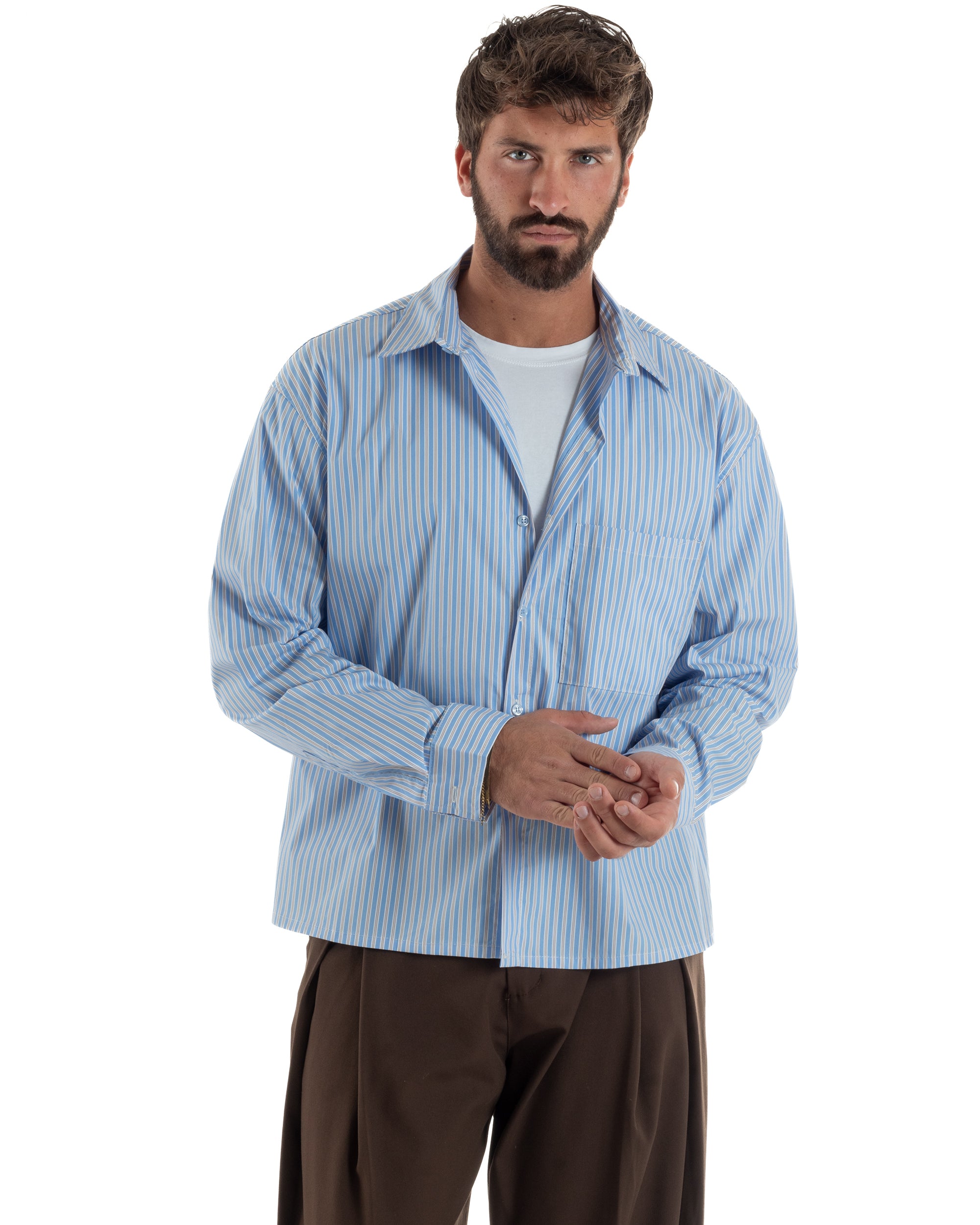 Camicia uomo unisex crop long sleeve boxy fit rigata celeste GIOSAL-C3081A