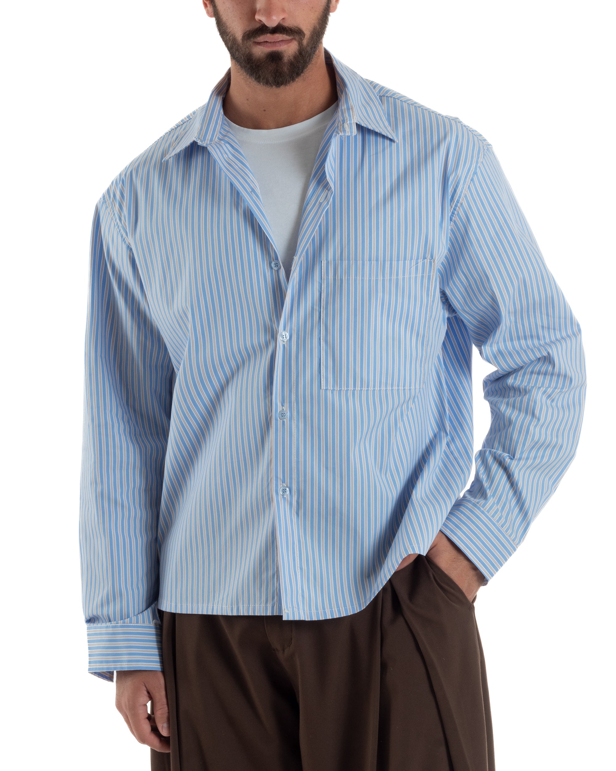Camicia uomo unisex crop long sleeve boxy fit rigata celeste GIOSAL-C3081A
