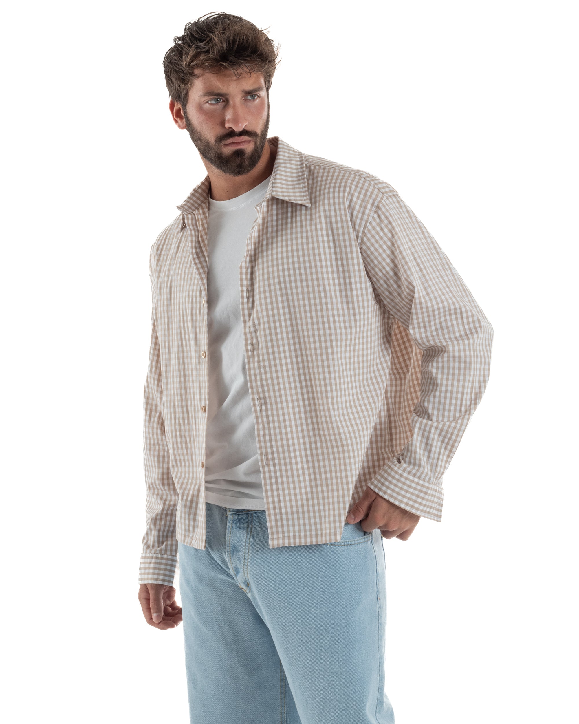  Vista laterale camicia uomo unisex beige vichy boxy fit spacco laterale fondo