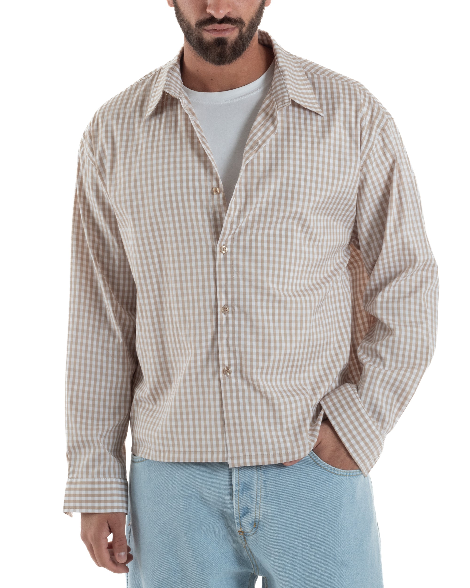 Camicia uomo unisex beige quadri vichy boxy fit stampa retro Resolute Badlands