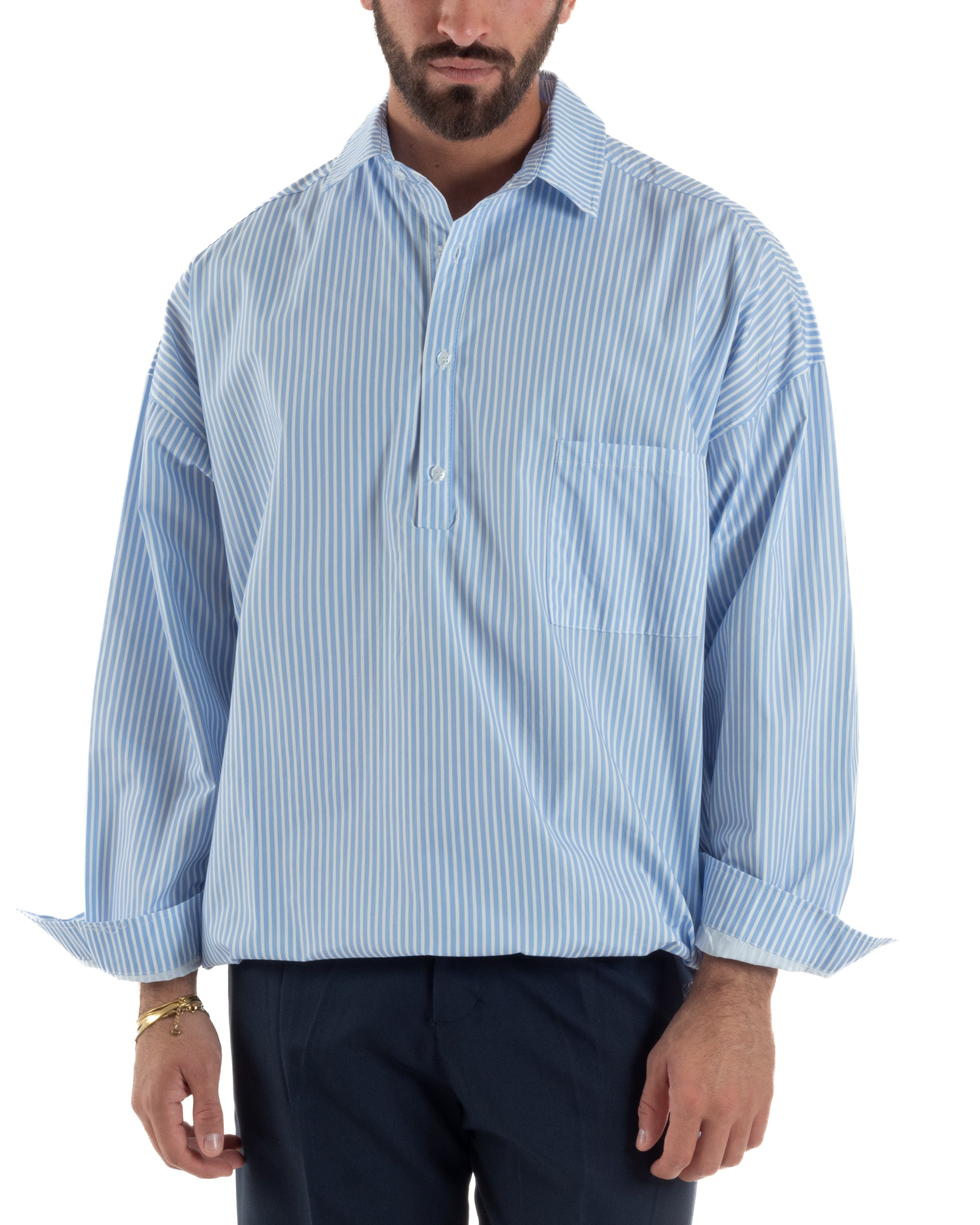 Camicia uomo celeste rigata boxy fit pull-over 3 bottoni tasca petto colletto italiano