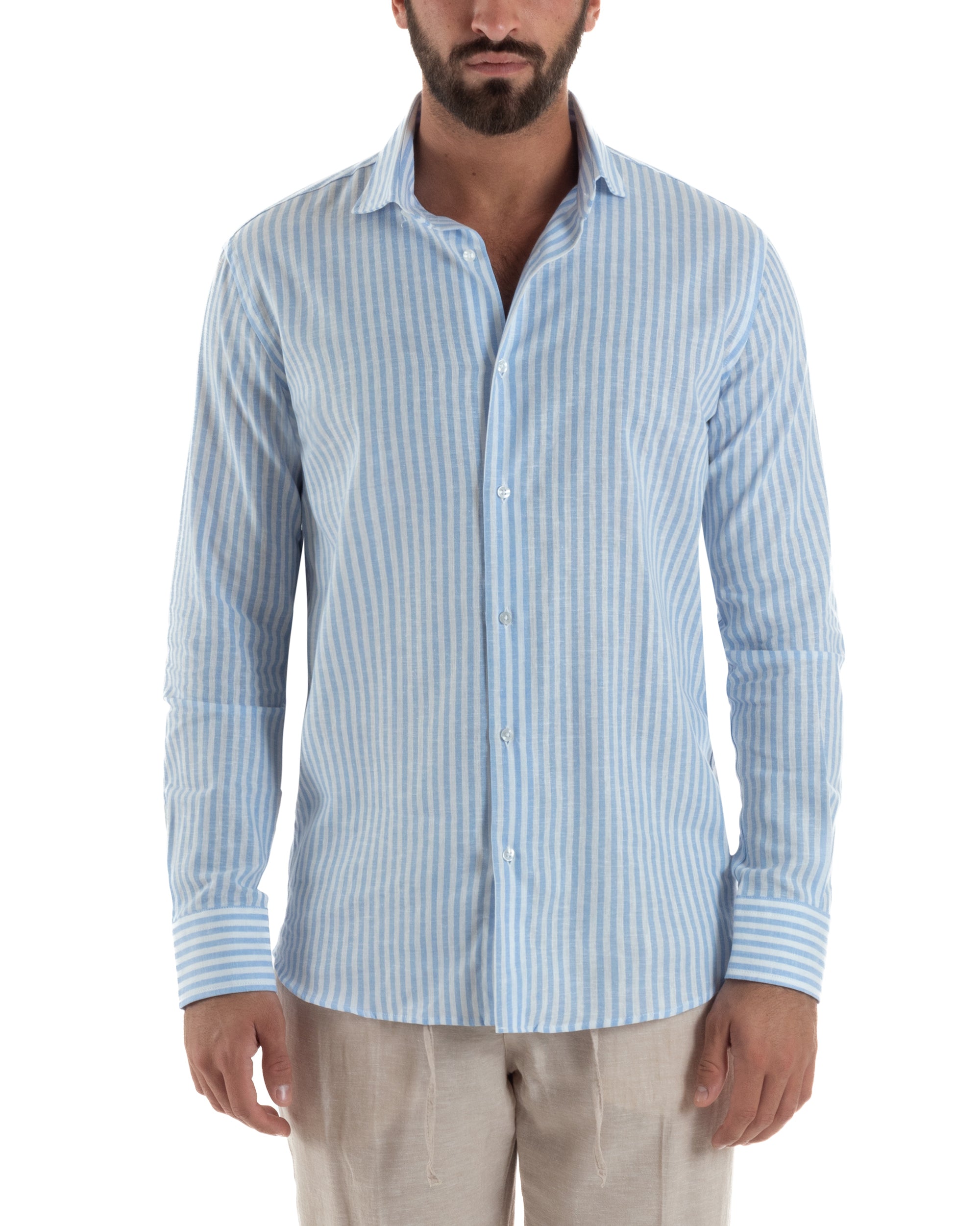 Camicia uomo collo francese sartoriale lino rigata stretta celeste GIOSAL-C3085A