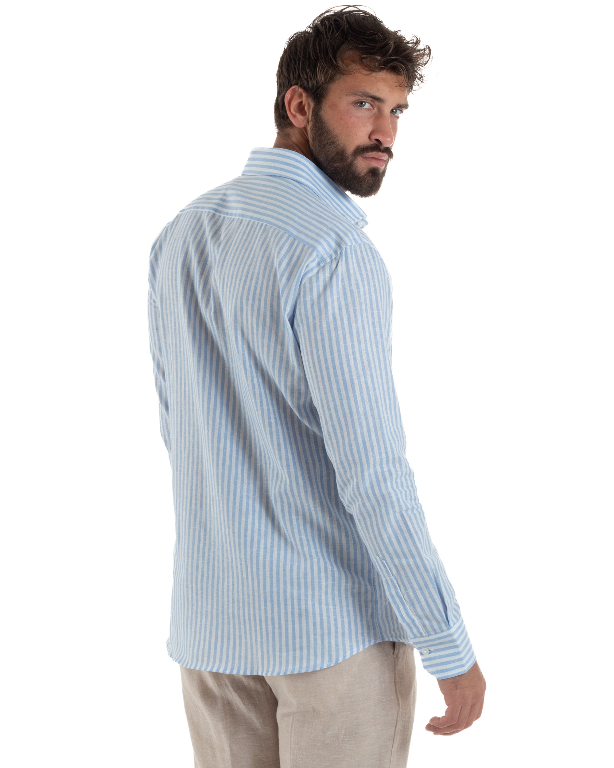 Camicia uomo collo francese sartoriale lino rigata stretta celeste GIOSAL-C3085A