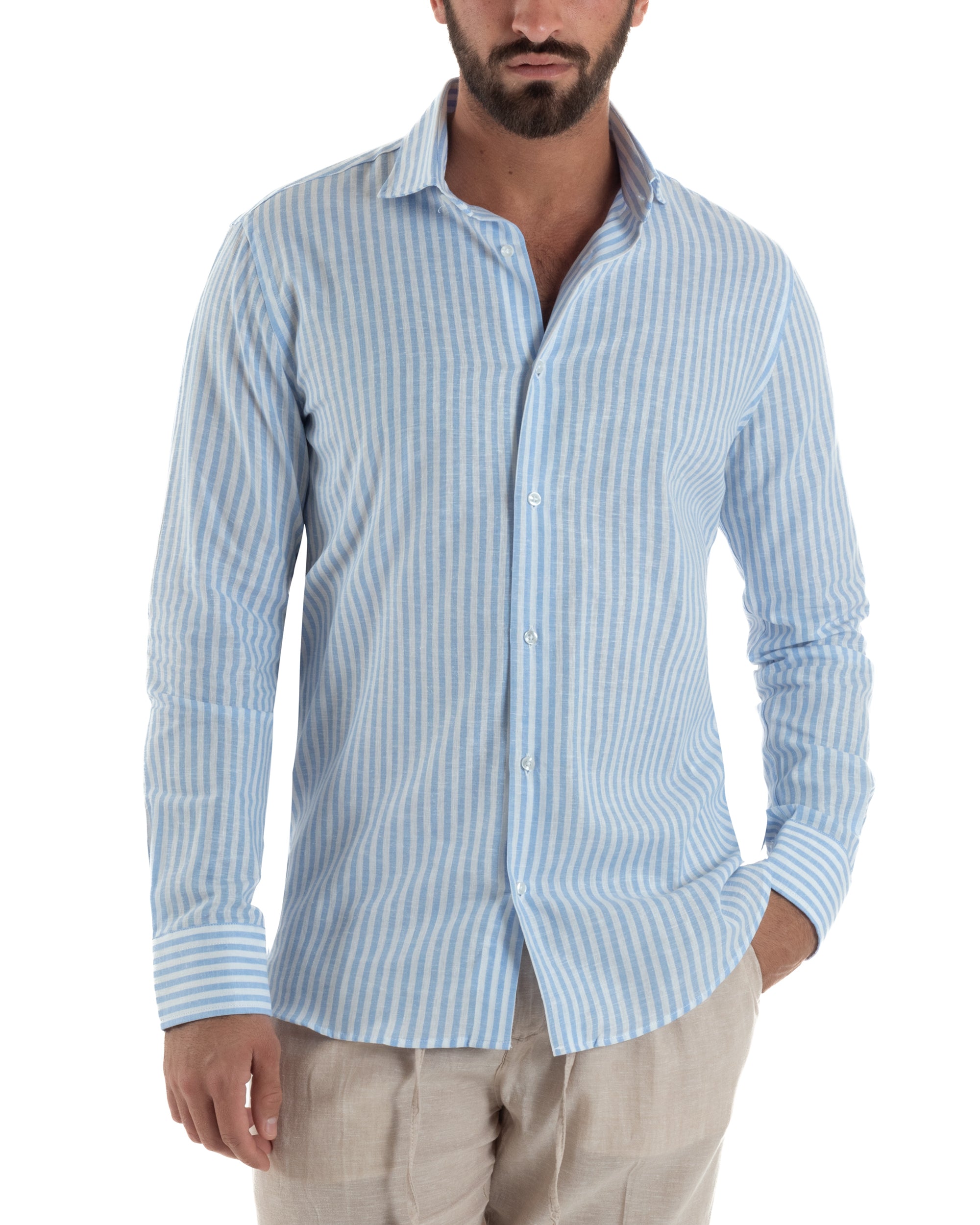 Camicia uomo collo francese sartoriale lino rigata stretta celeste GIOSAL-C3085A