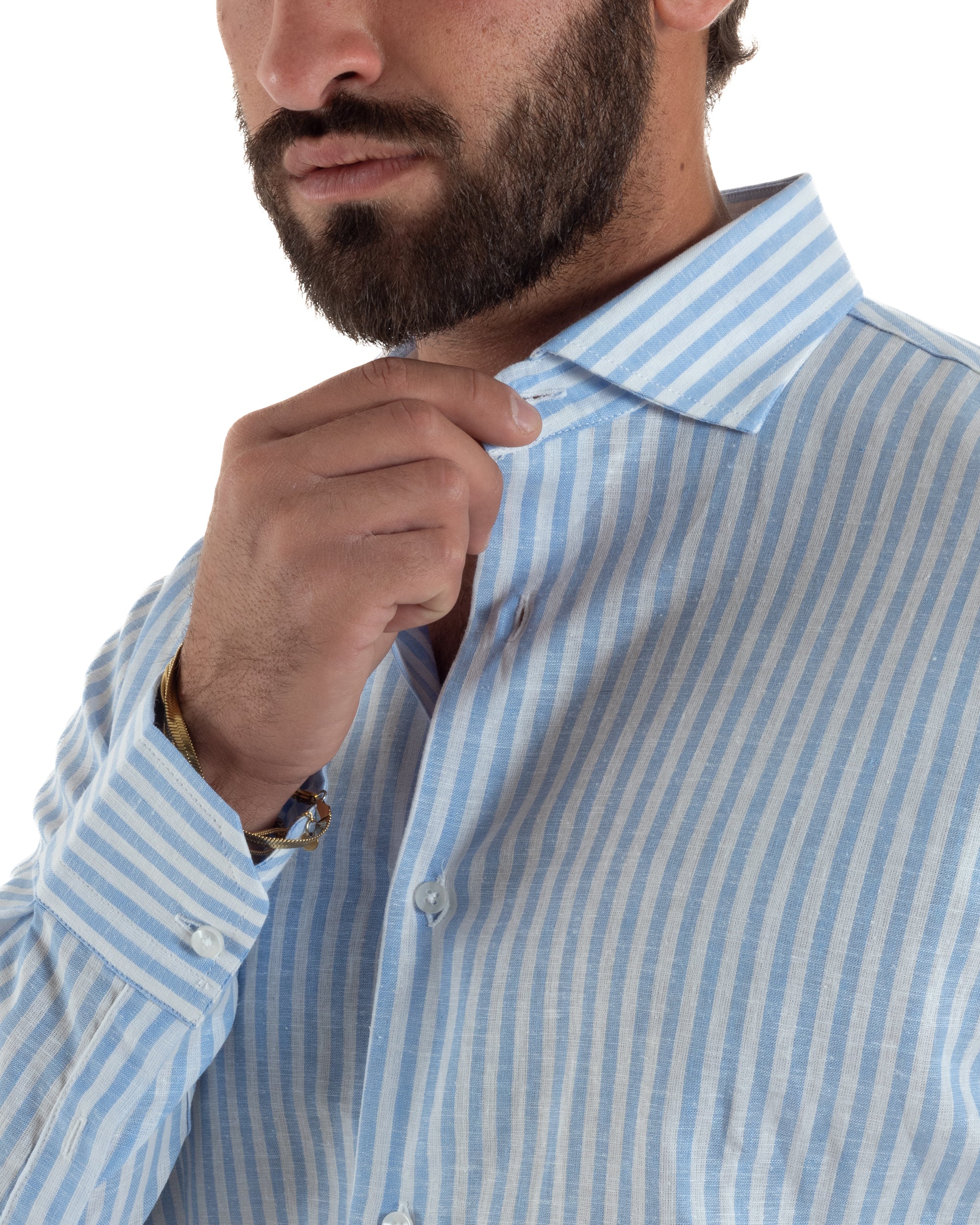 Camicia uomo collo francese sartoriale lino rigata stretta celeste GIOSAL-C3085A