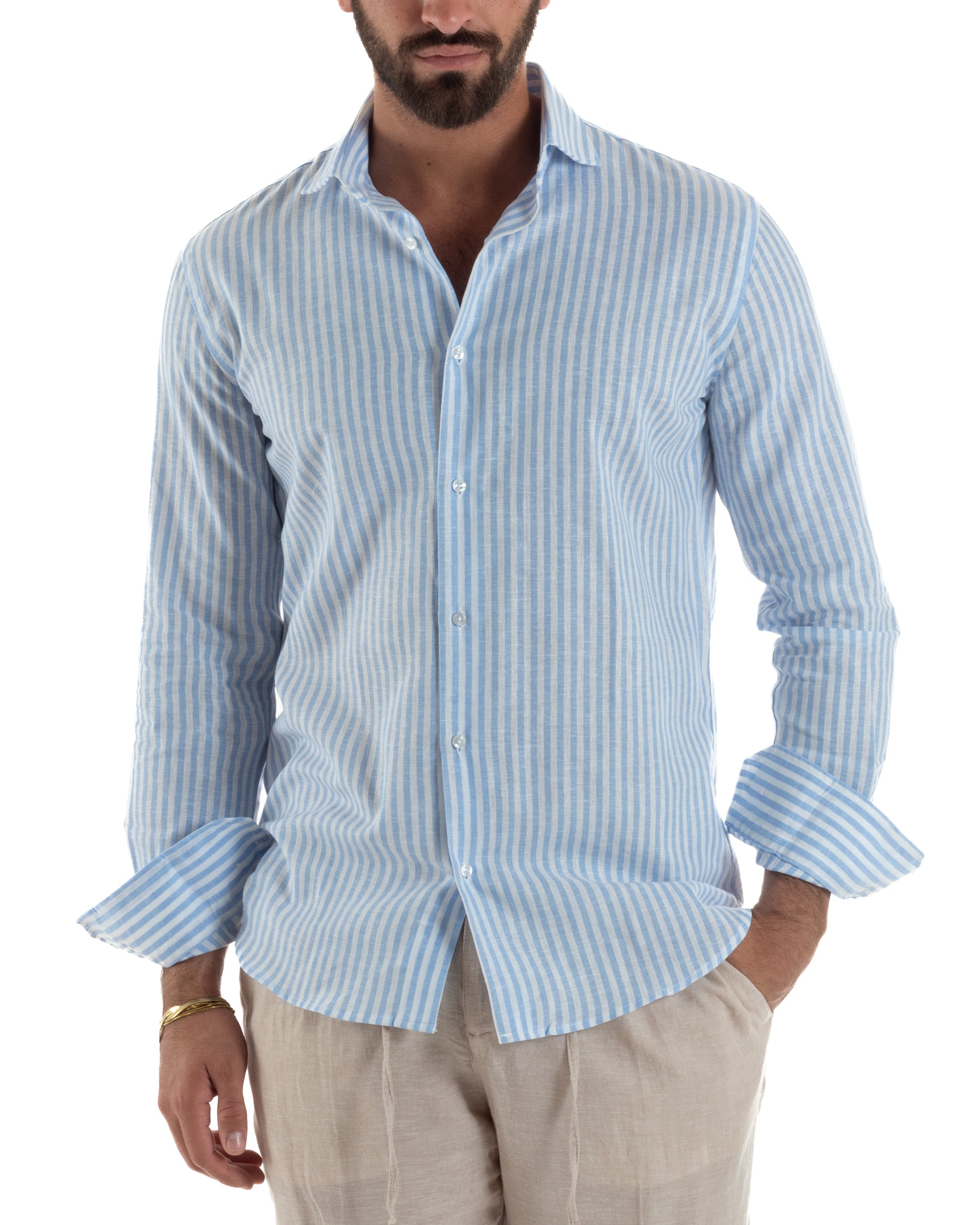 Camicia uomo collo francese sartoriale lino rigata stretta celeste GIOSAL-C3085A
