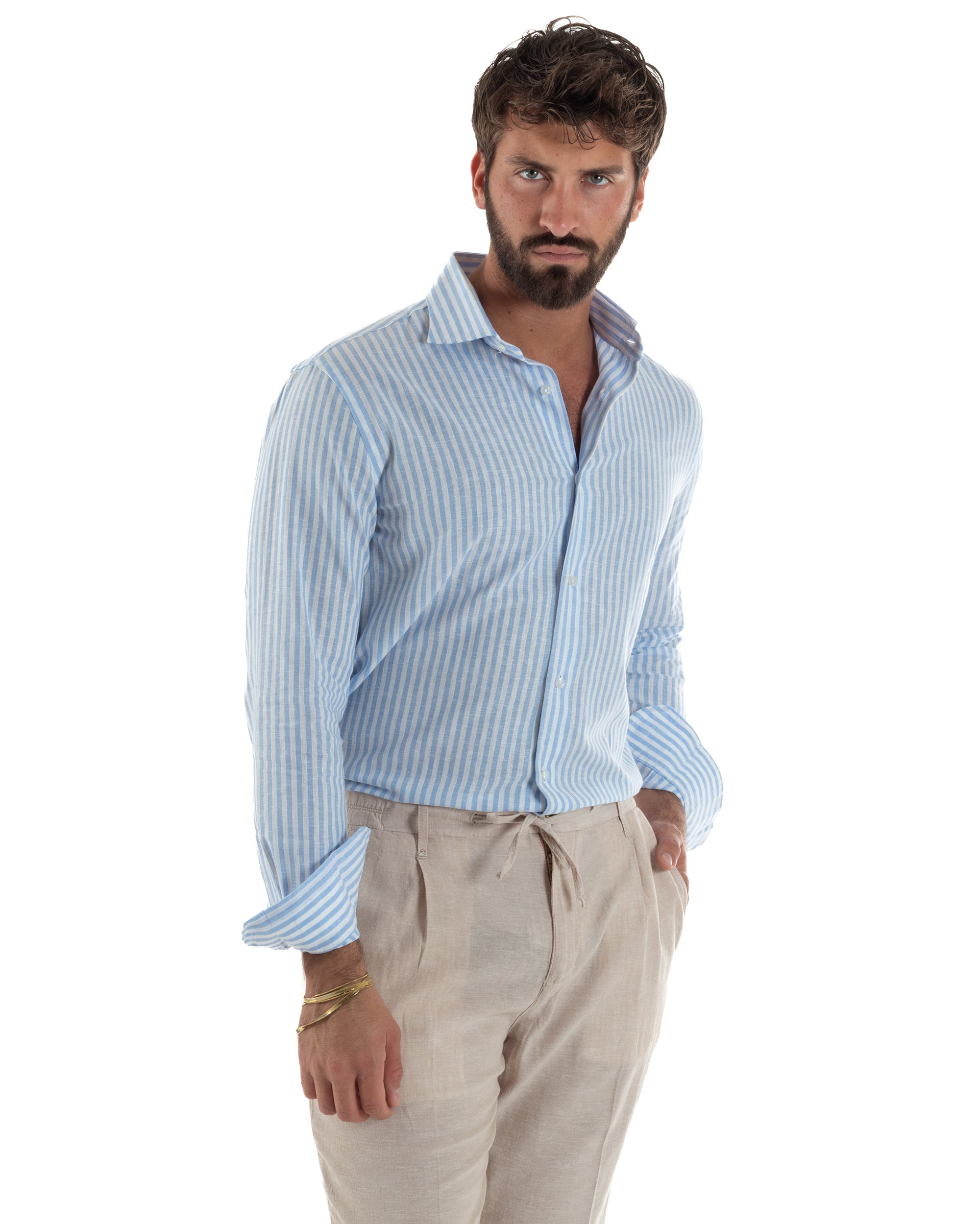 Camicia uomo collo francese sartoriale lino rigata stretta celeste GIOSAL-C3085A
