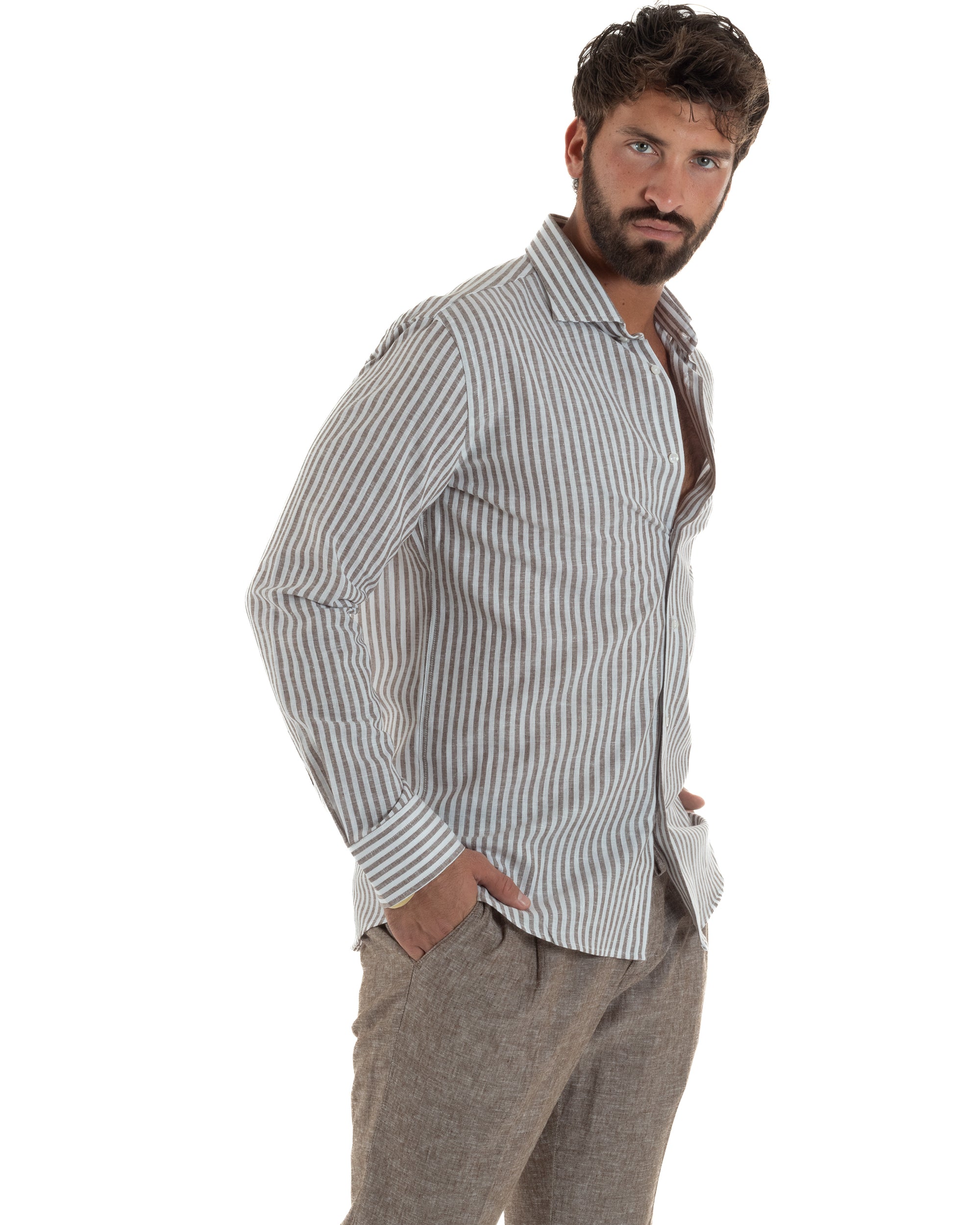 Camicia uomo collo francese sartoriale lino rigata stretta marrone GIOSAL-C3086A