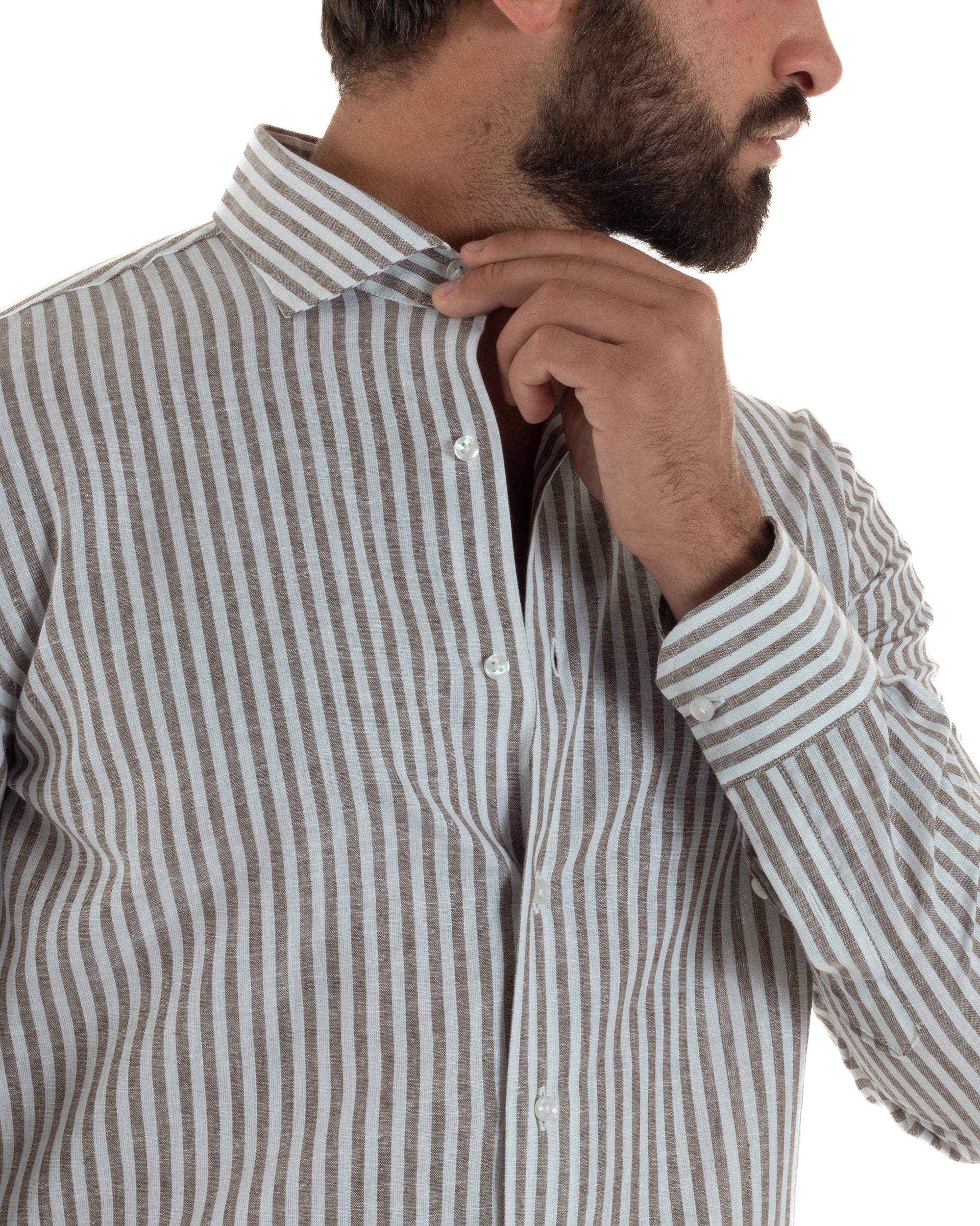 Camicia uomo collo francese sartoriale lino rigata stretta marrone GIOSAL-C3086A