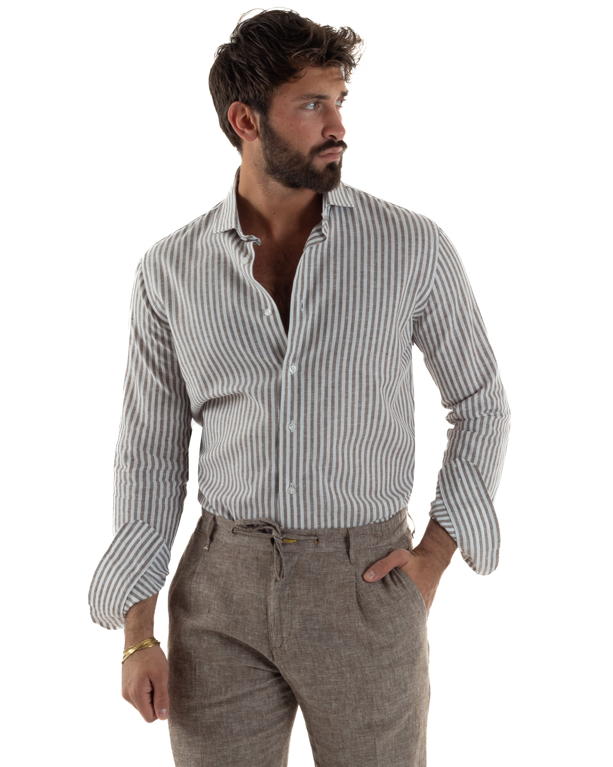 Camicia uomo collo francese sartoriale lino rigata stretta marrone GIOSAL-C3086A
