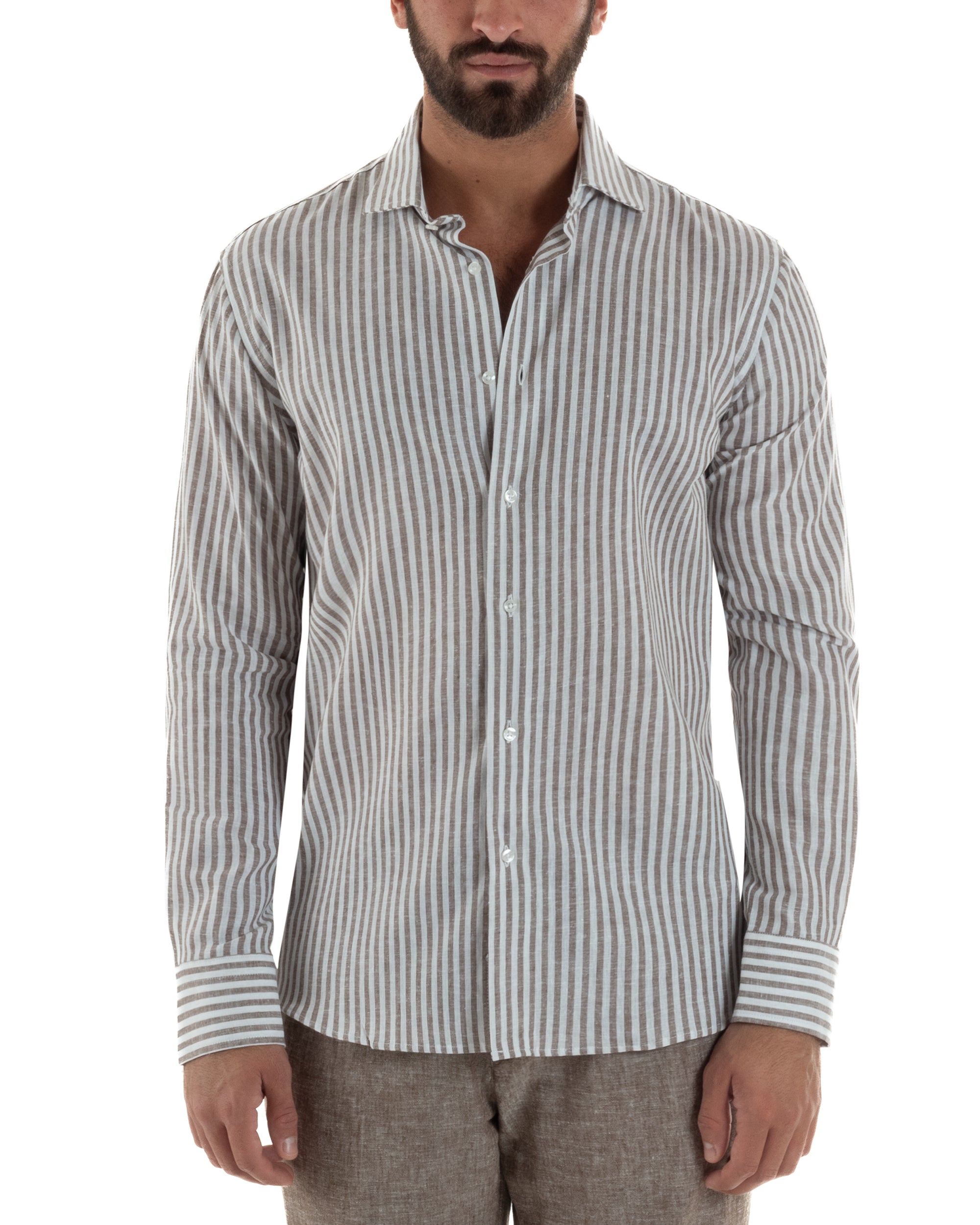 Camicia uomo collo francese sartoriale lino rigata stretta marrone GIOSAL-C3086A