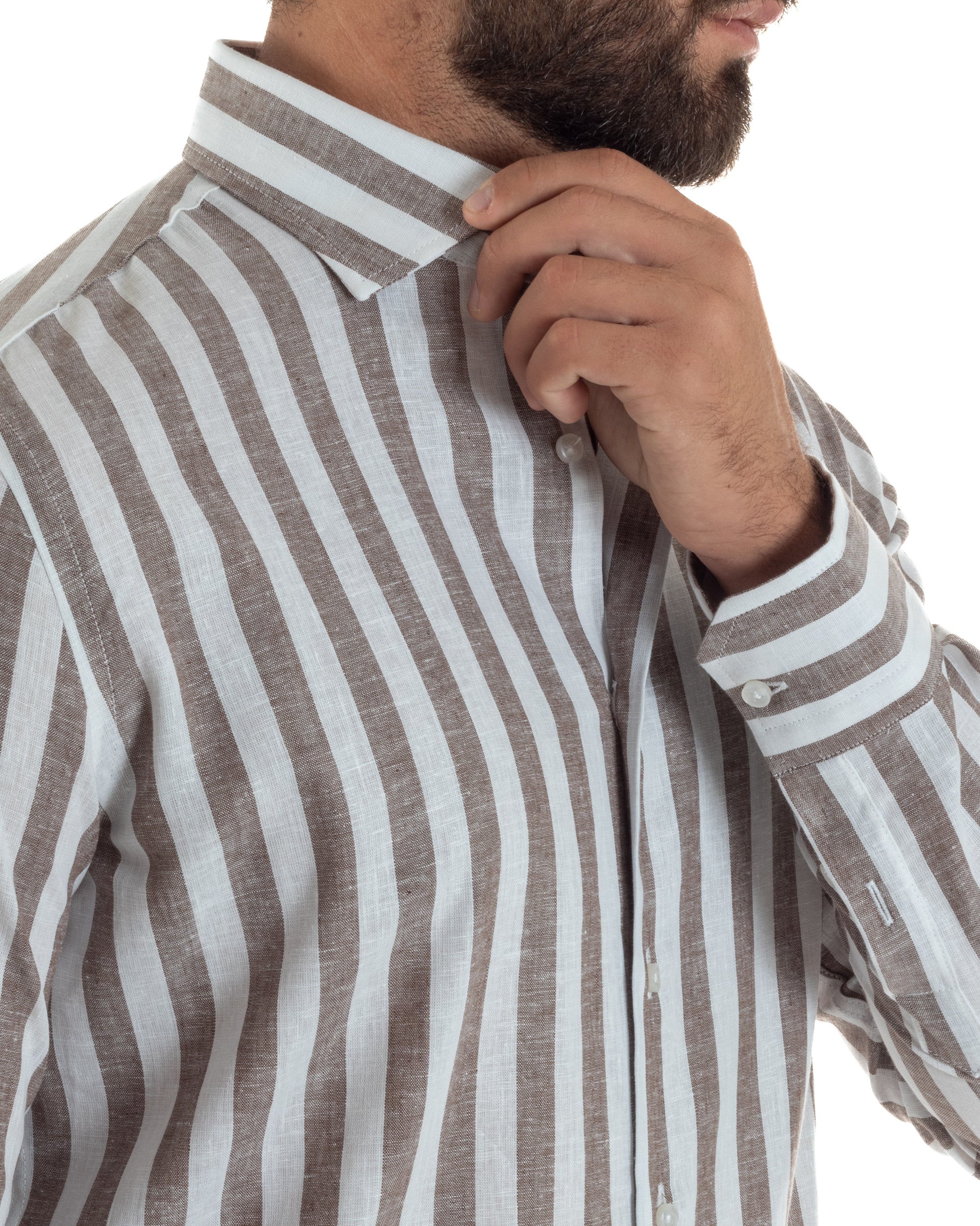Camicia uomo lino collo francese rigata larga marrone GIOSAL-C3087A