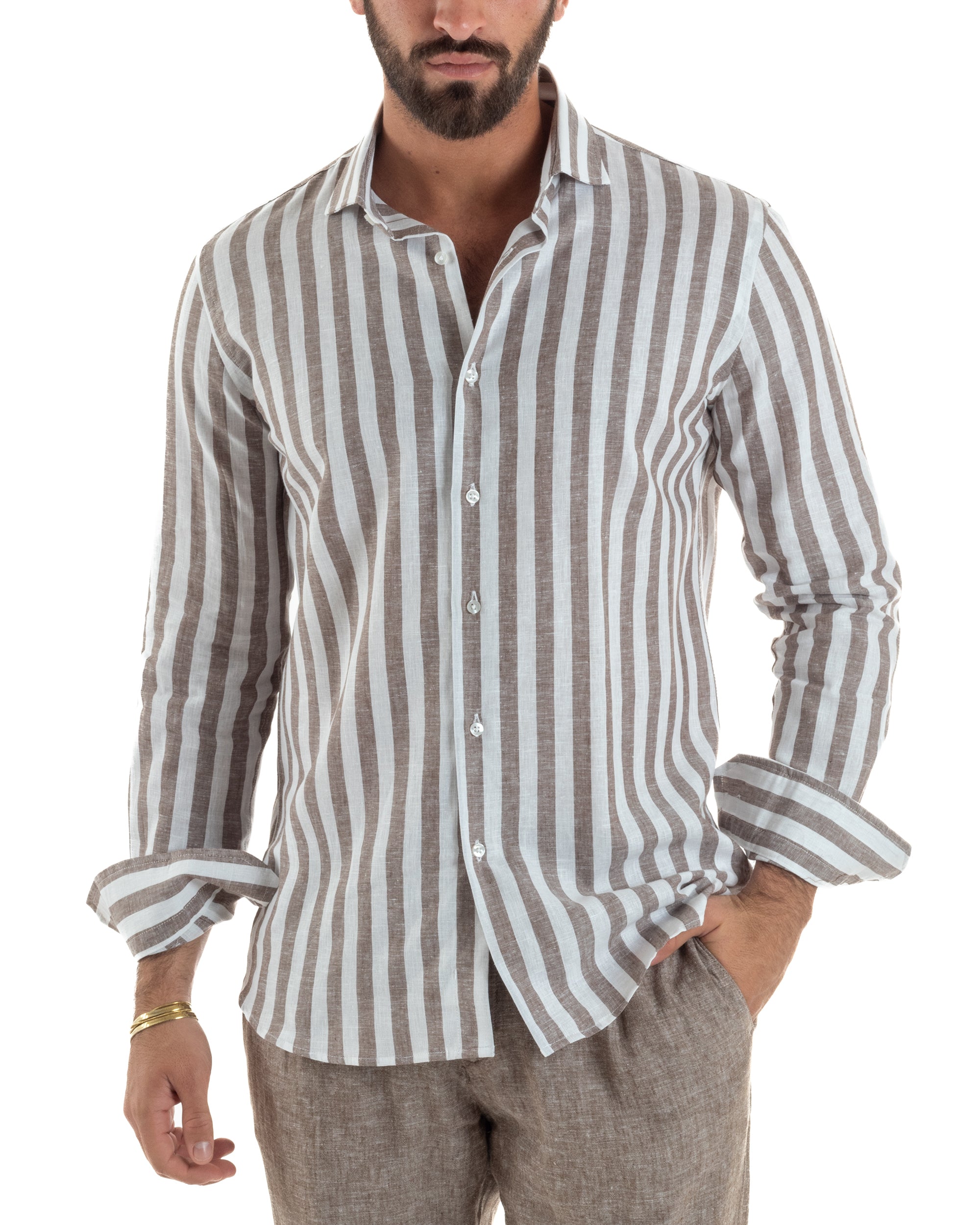 Camicia uomo lino collo francese rigata larga marrone GIOSAL-C3087A
