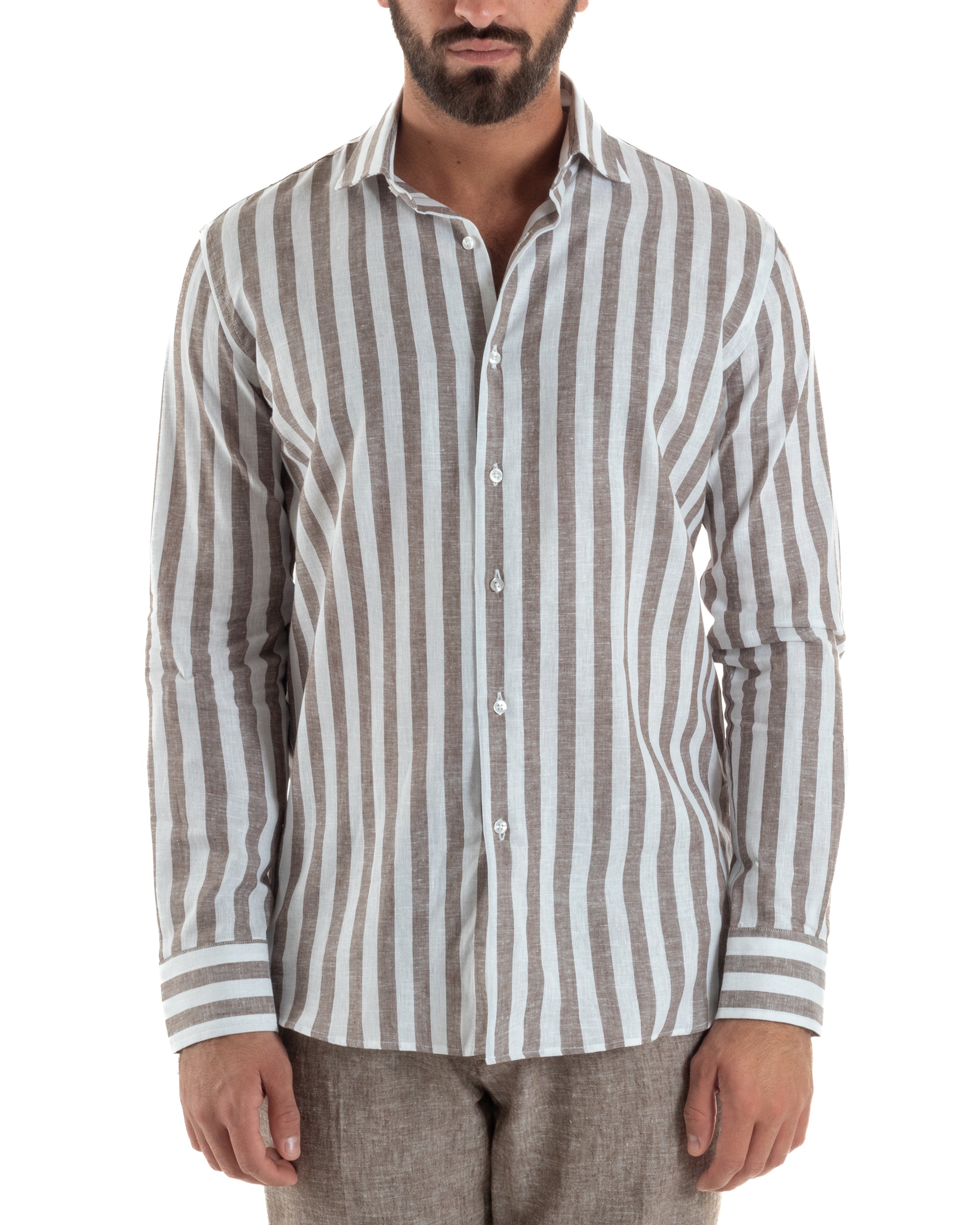 Camicia uomo lino collo francese rigata larga marrone GIOSAL-C3087A