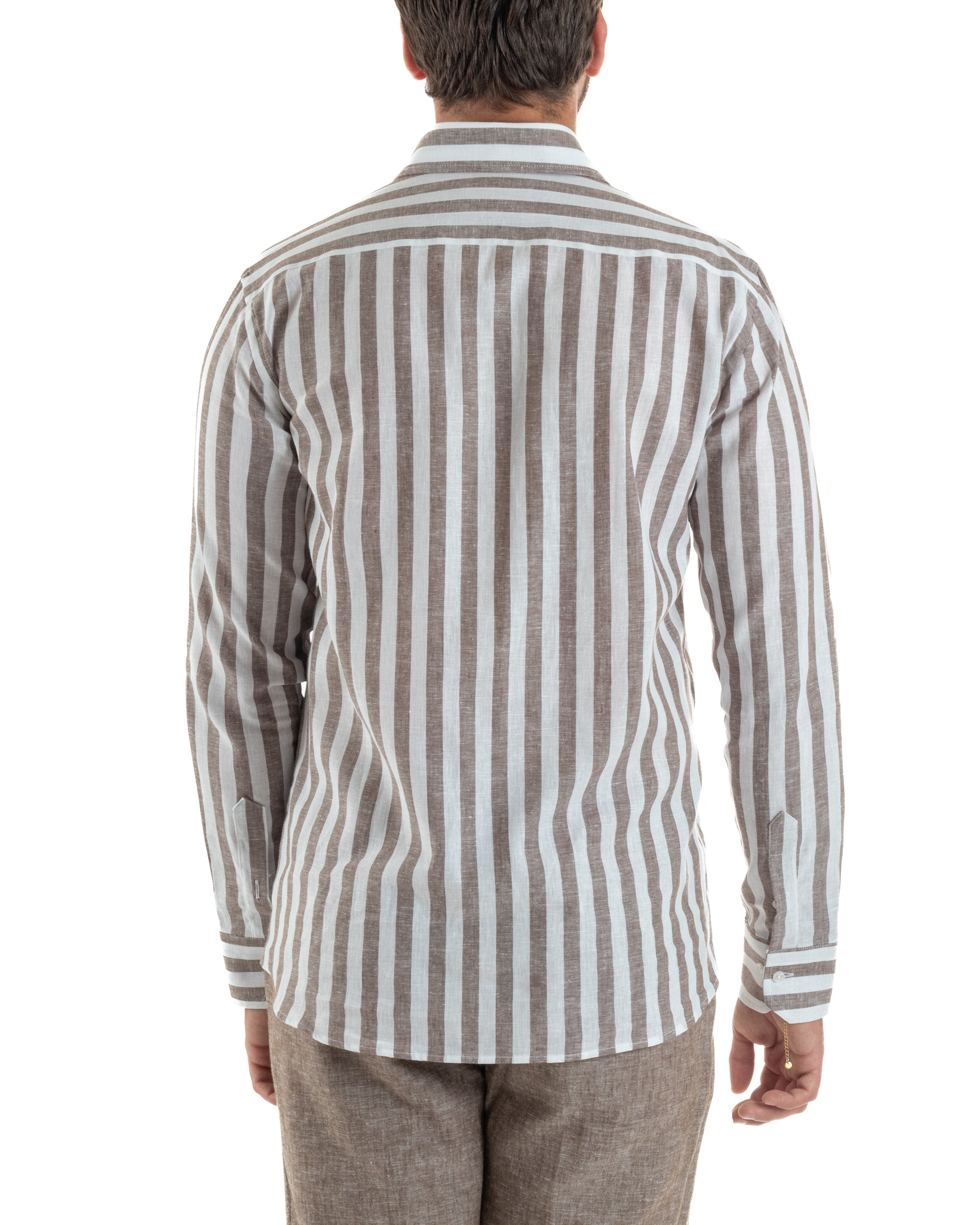 Camicia uomo lino collo francese rigata larga marrone GIOSAL-C3087A