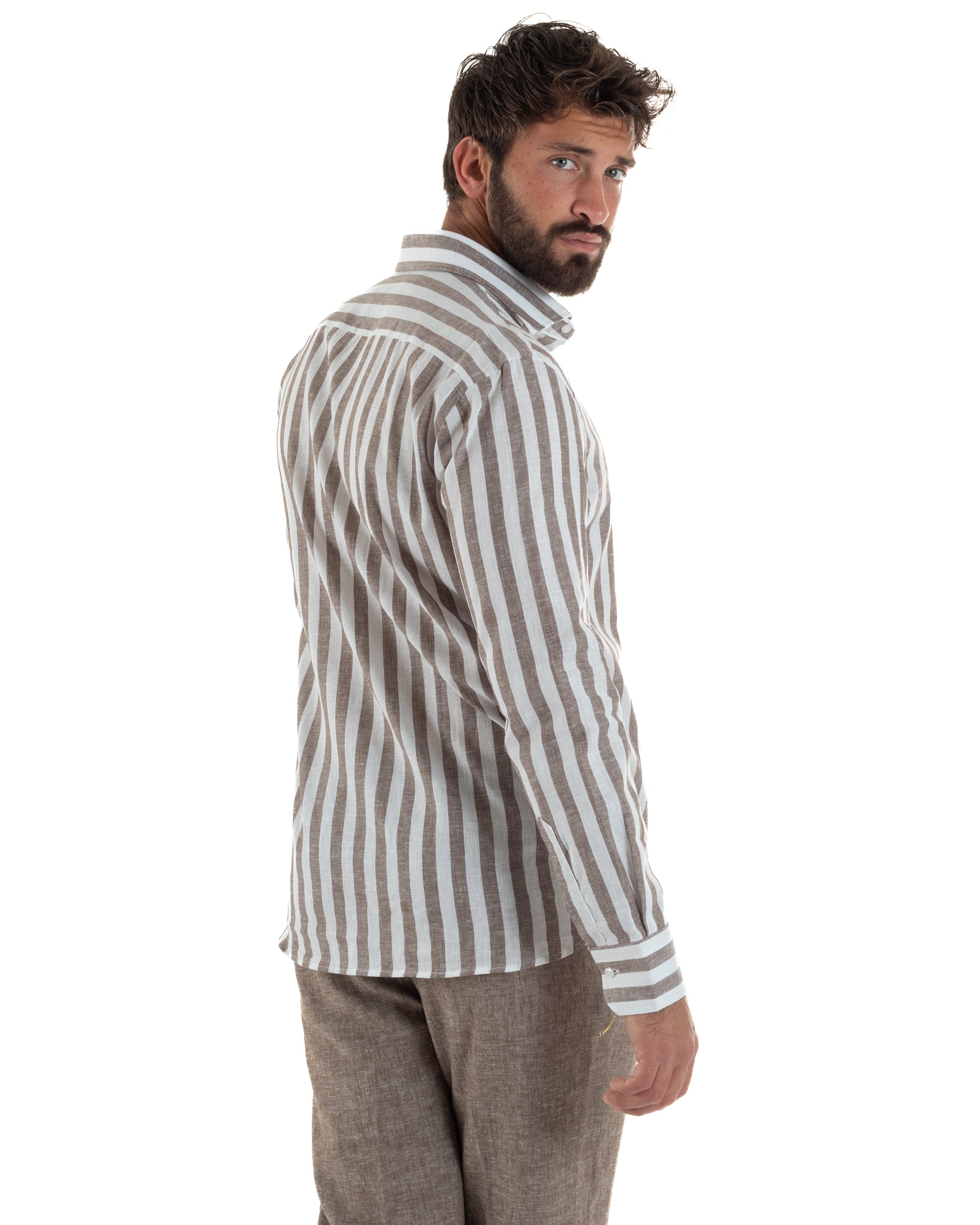Camicia uomo lino collo francese rigata larga marrone GIOSAL-C3087A