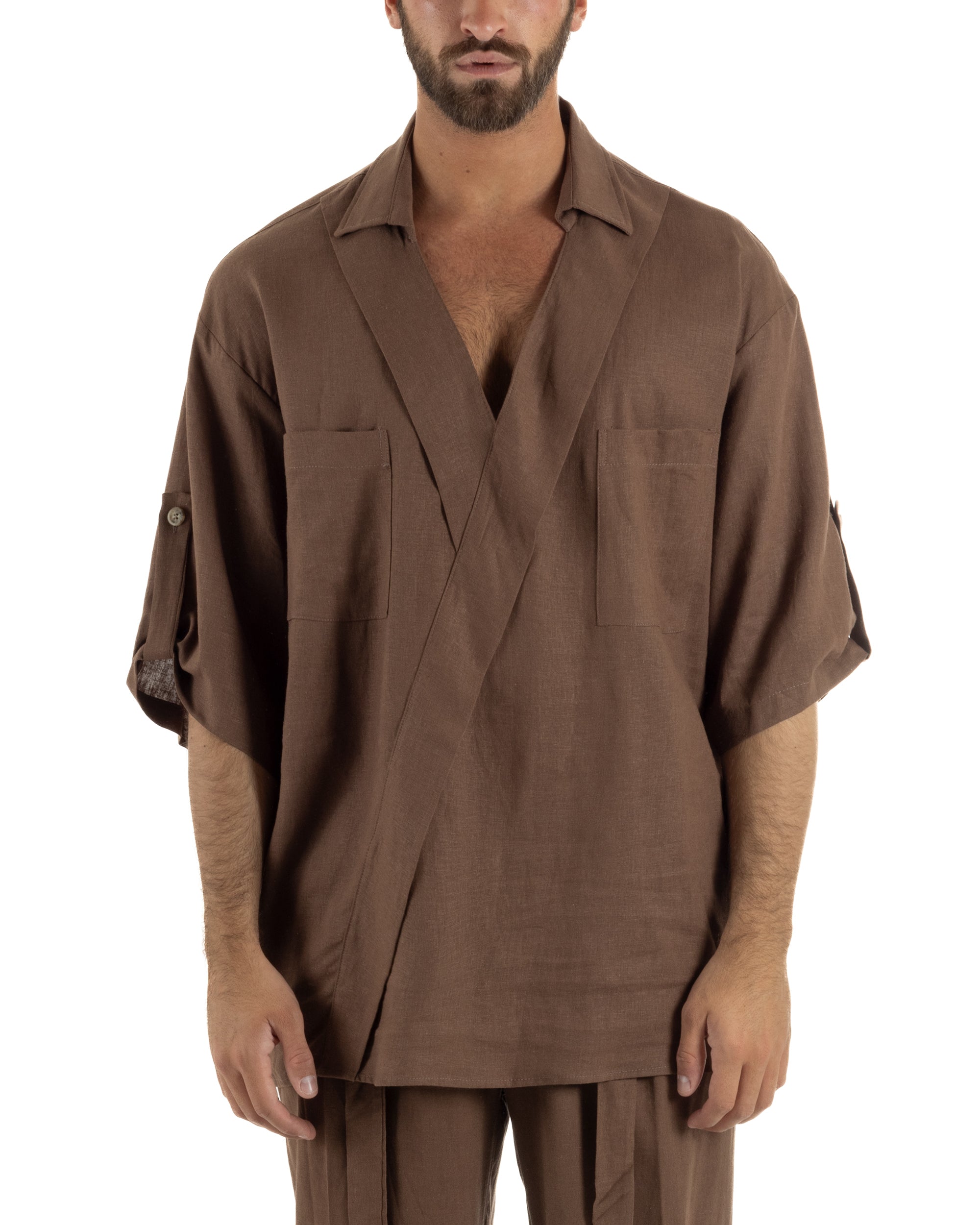 Camicia lino casacca relaxed fit scollo v marrone GIOSAL-C3090A
