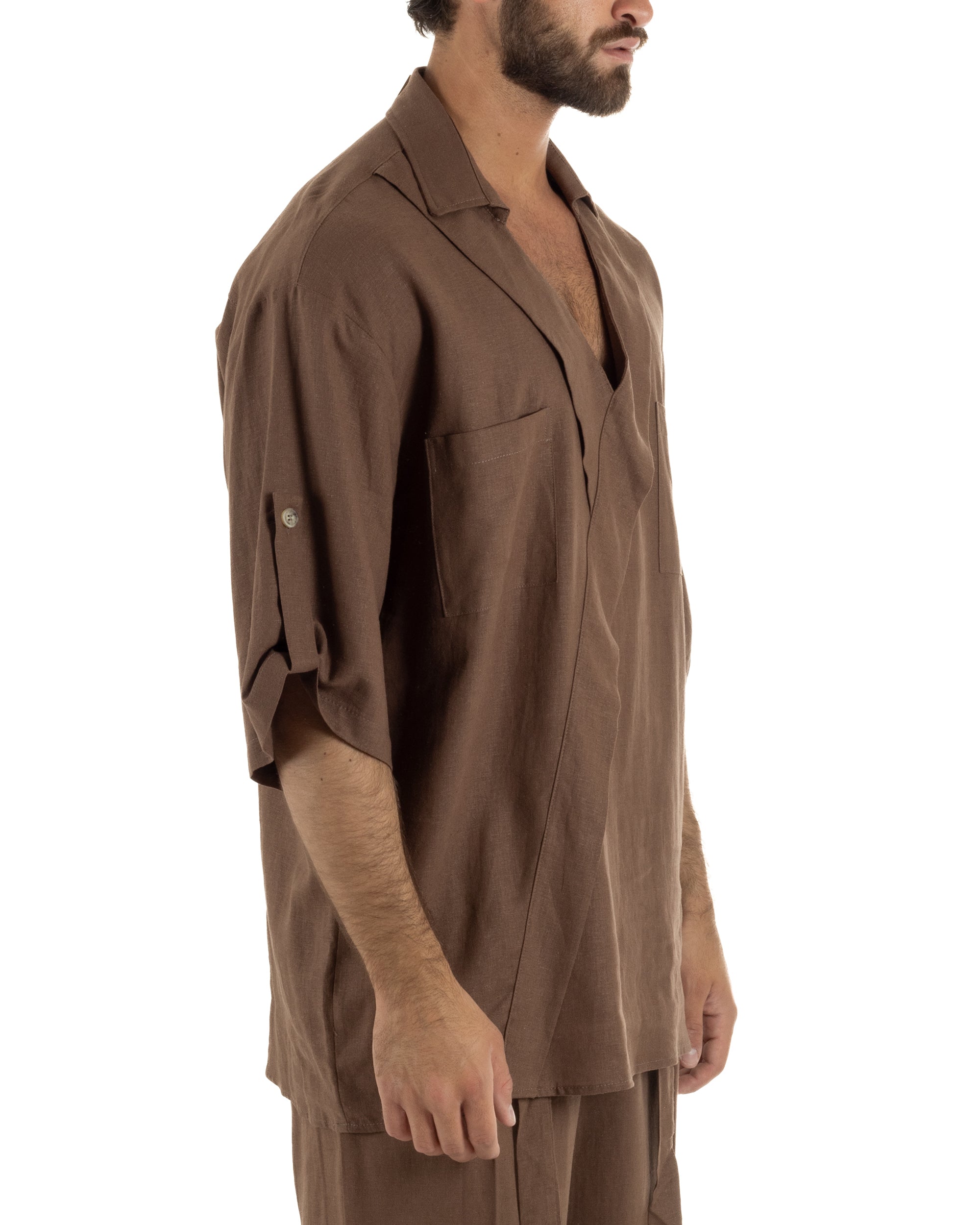 Camicia lino casacca relaxed fit scollo v marrone GIOSAL-C3090A