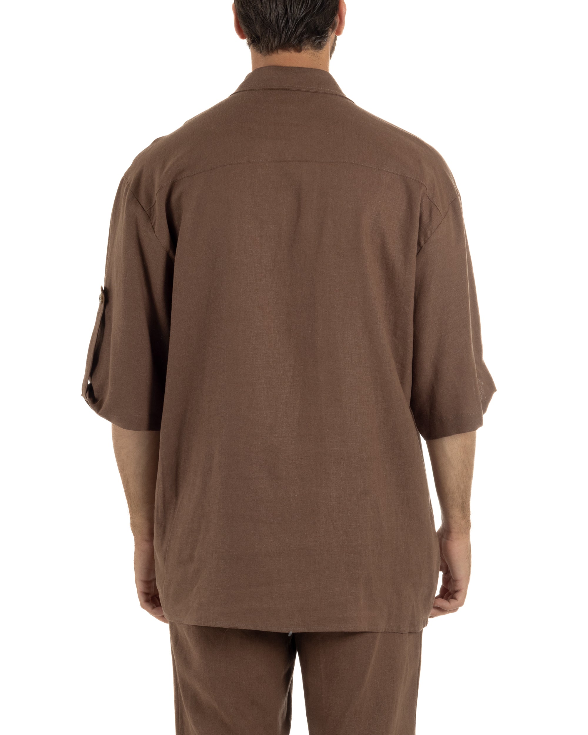 Camicia lino casacca relaxed fit scollo v marrone GIOSAL-C3090A