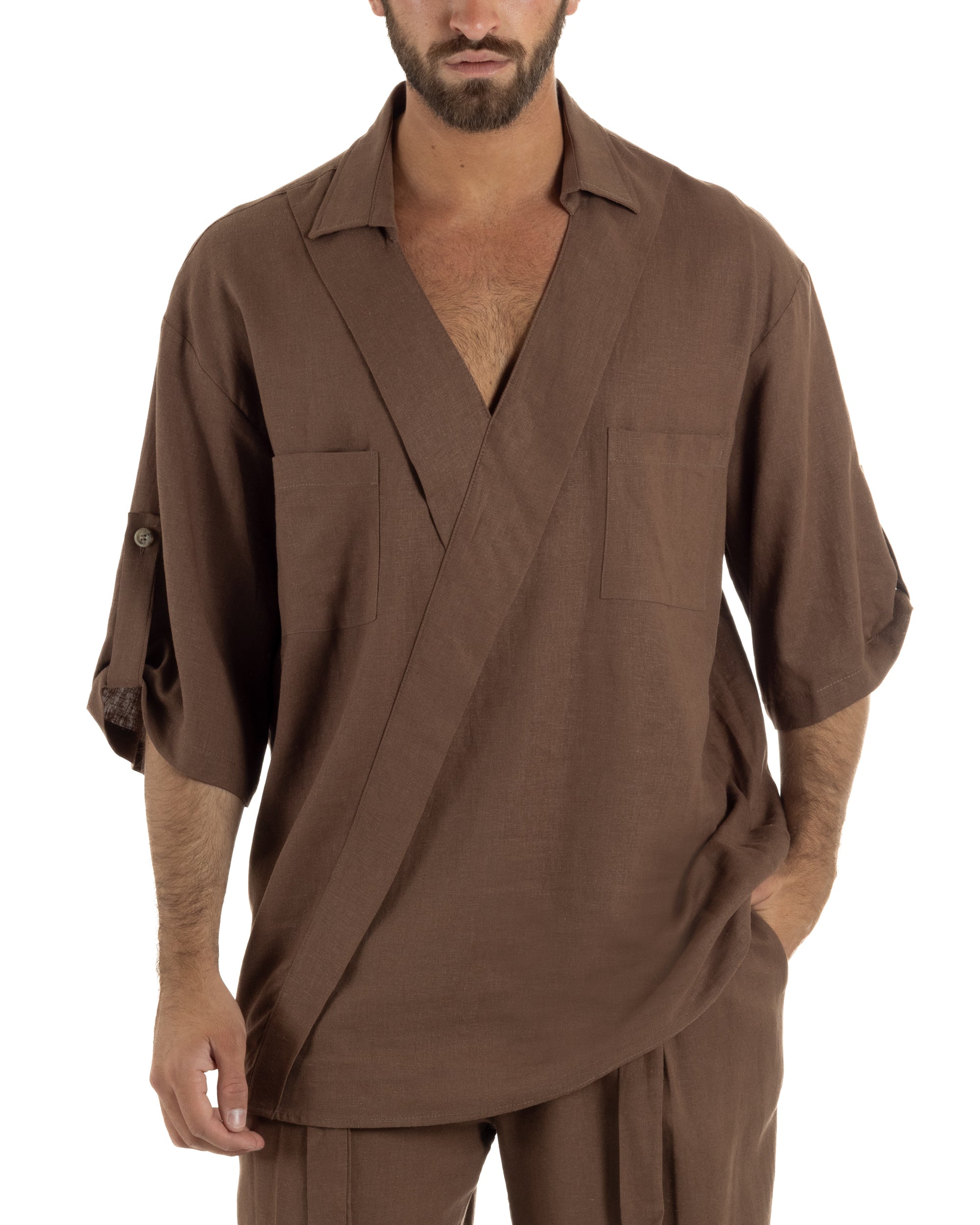 Camicia lino casacca relaxed fit scollo v marrone GIOSAL-C3090A