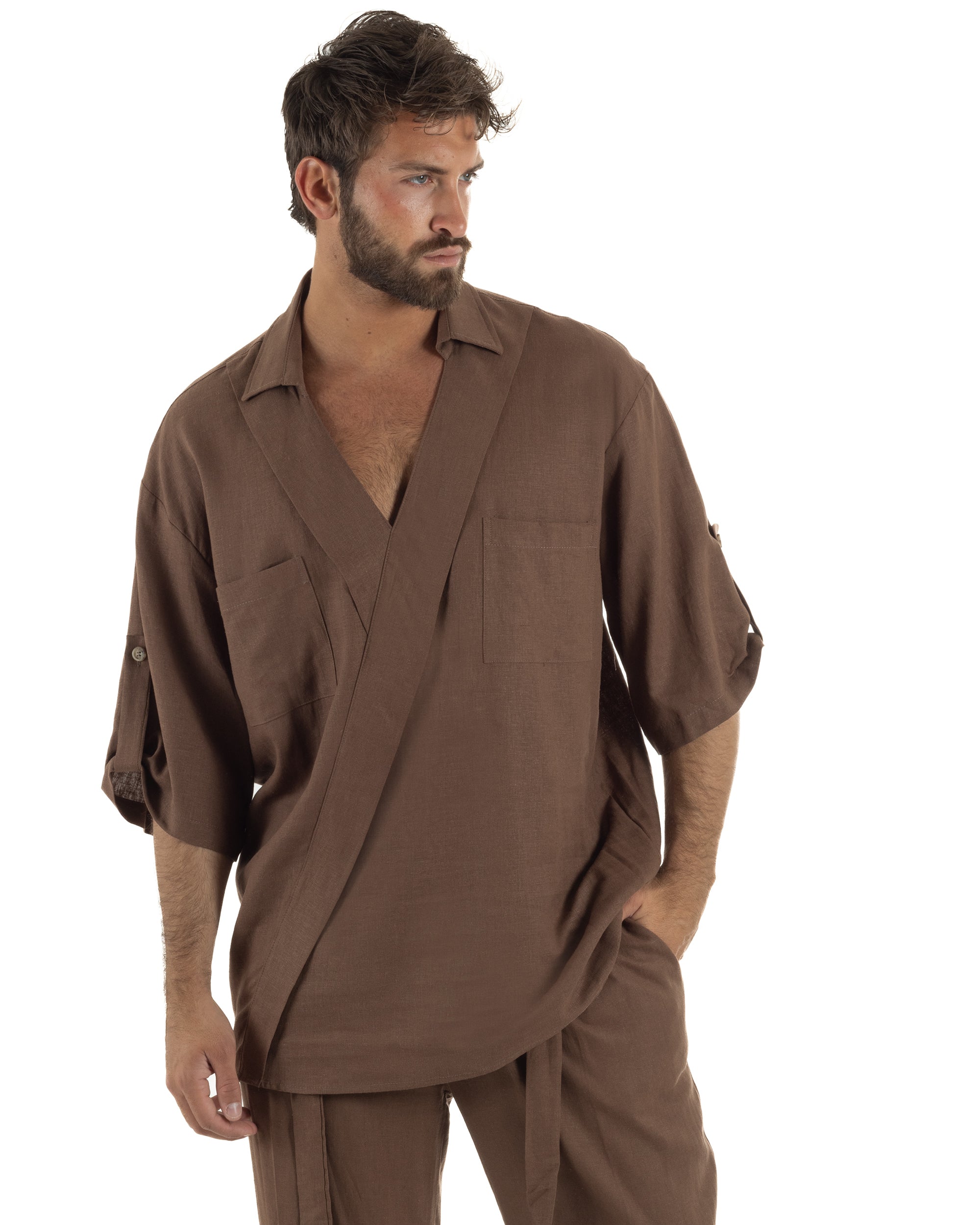 Camicia lino casacca relaxed fit scollo v marrone GIOSAL-C3090A