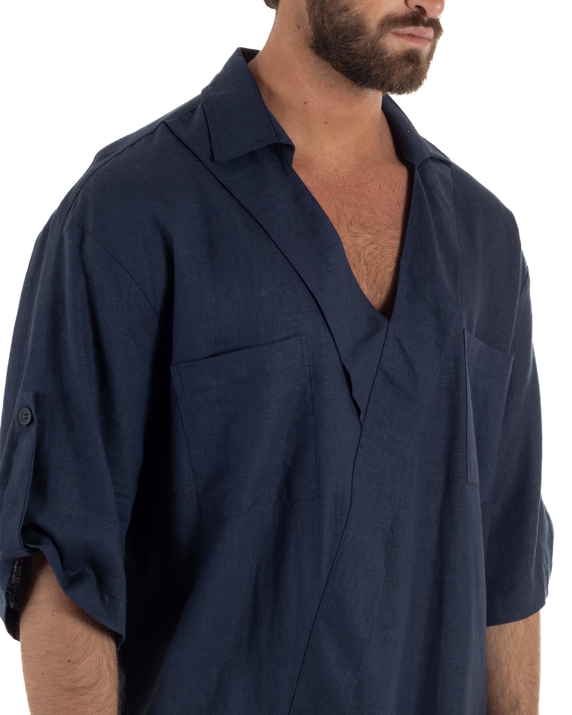 Camicia lino casacca relaxed fit scollo v blu GIOSAL-C3091A