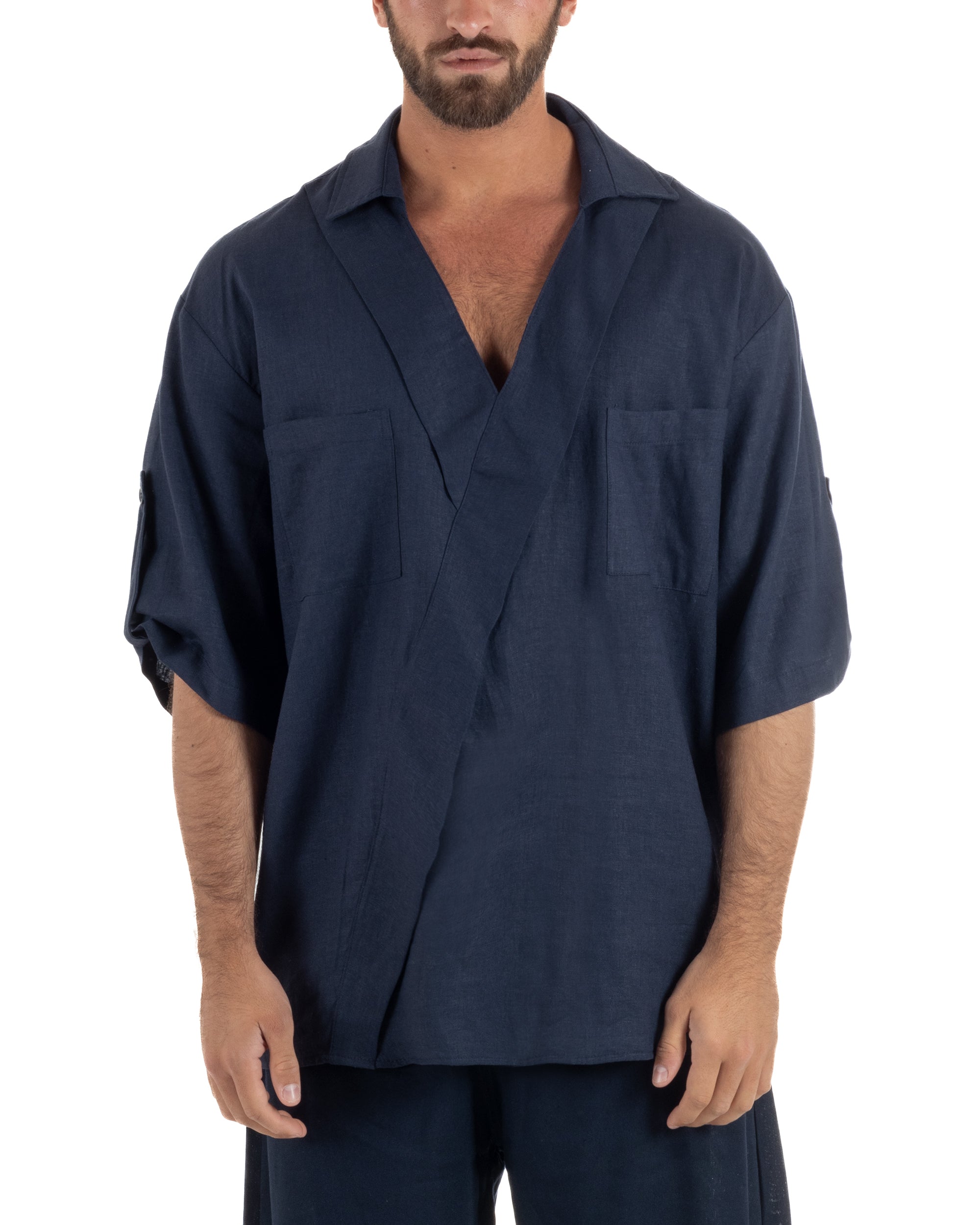 Camicia lino casacca relaxed fit scollo v blu GIOSAL-C3091A