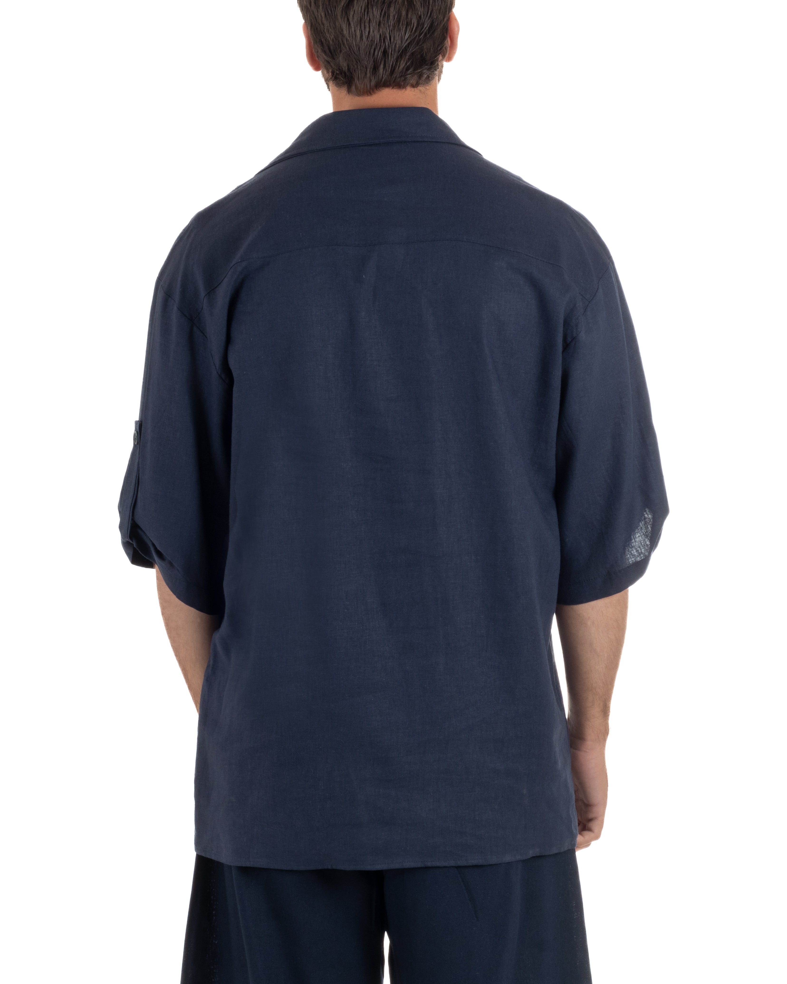 Camicia lino casacca relaxed fit scollo v blu GIOSAL-C3091A