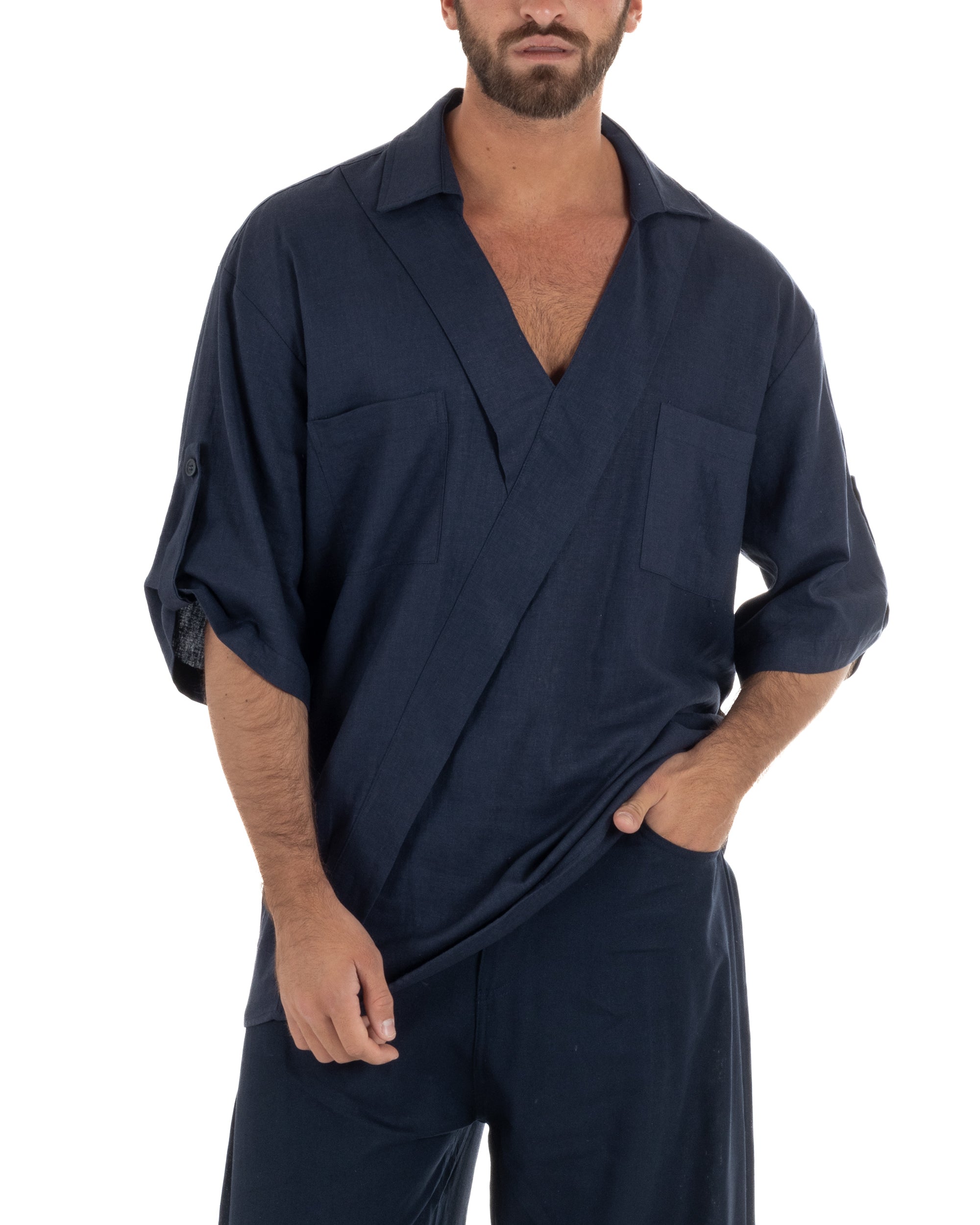 Camicia lino casacca relaxed fit scollo v blu GIOSAL-C3091A
