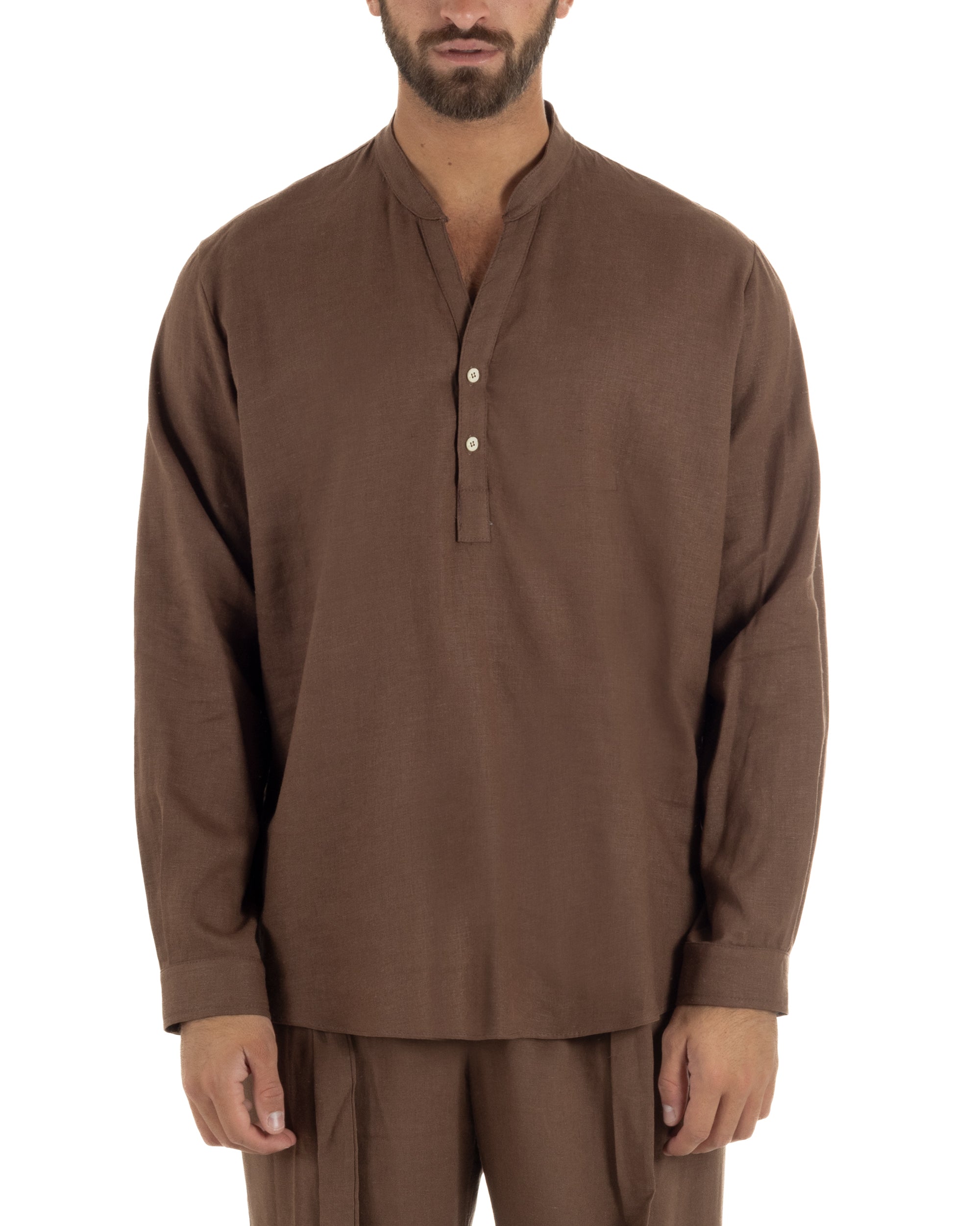 Camicia uomo lino regular fit collo coreano serafino scollo v marrone GIOSAL-C3092A