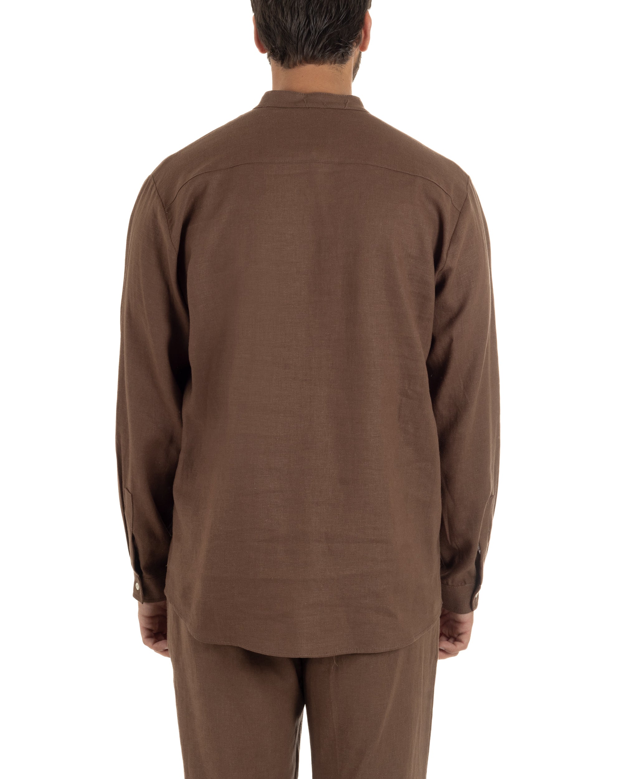 Camicia uomo lino regular fit collo coreano serafino scollo v marrone GIOSAL-C3092A