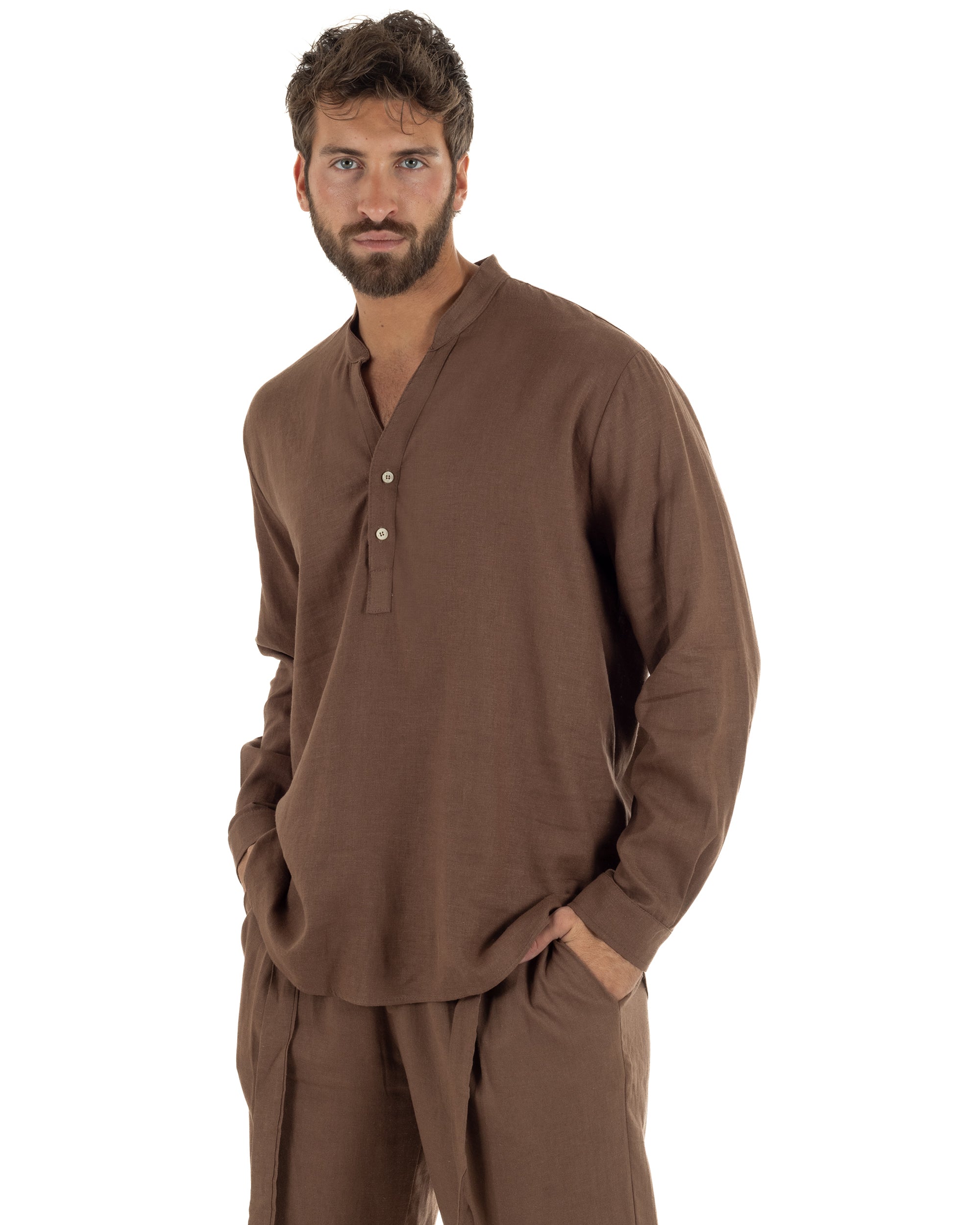Camicia uomo lino regular fit collo coreano serafino scollo v marrone GIOSAL-C3092A