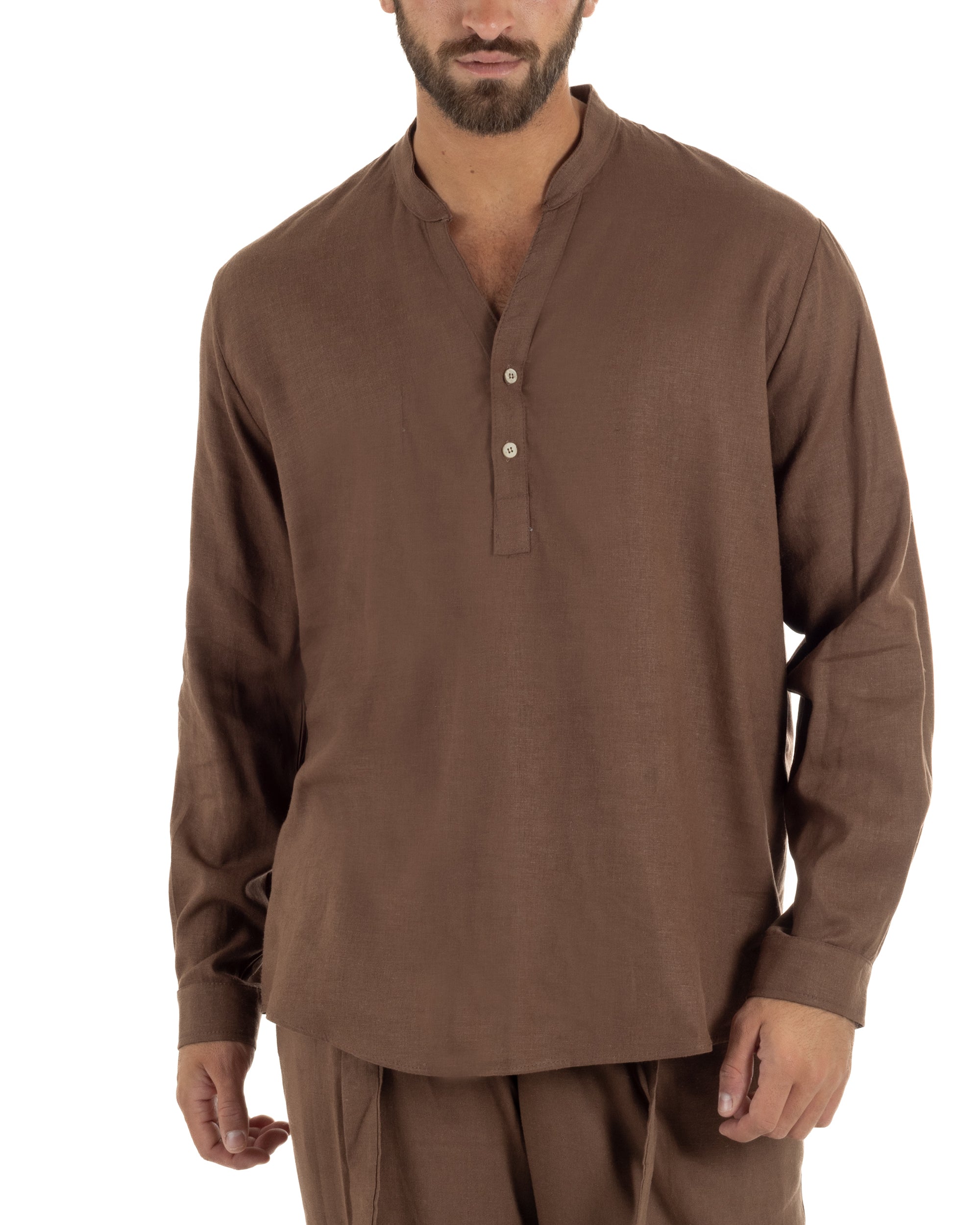Camicia uomo lino regular fit collo coreano serafino scollo v marrone GIOSAL-C3092A