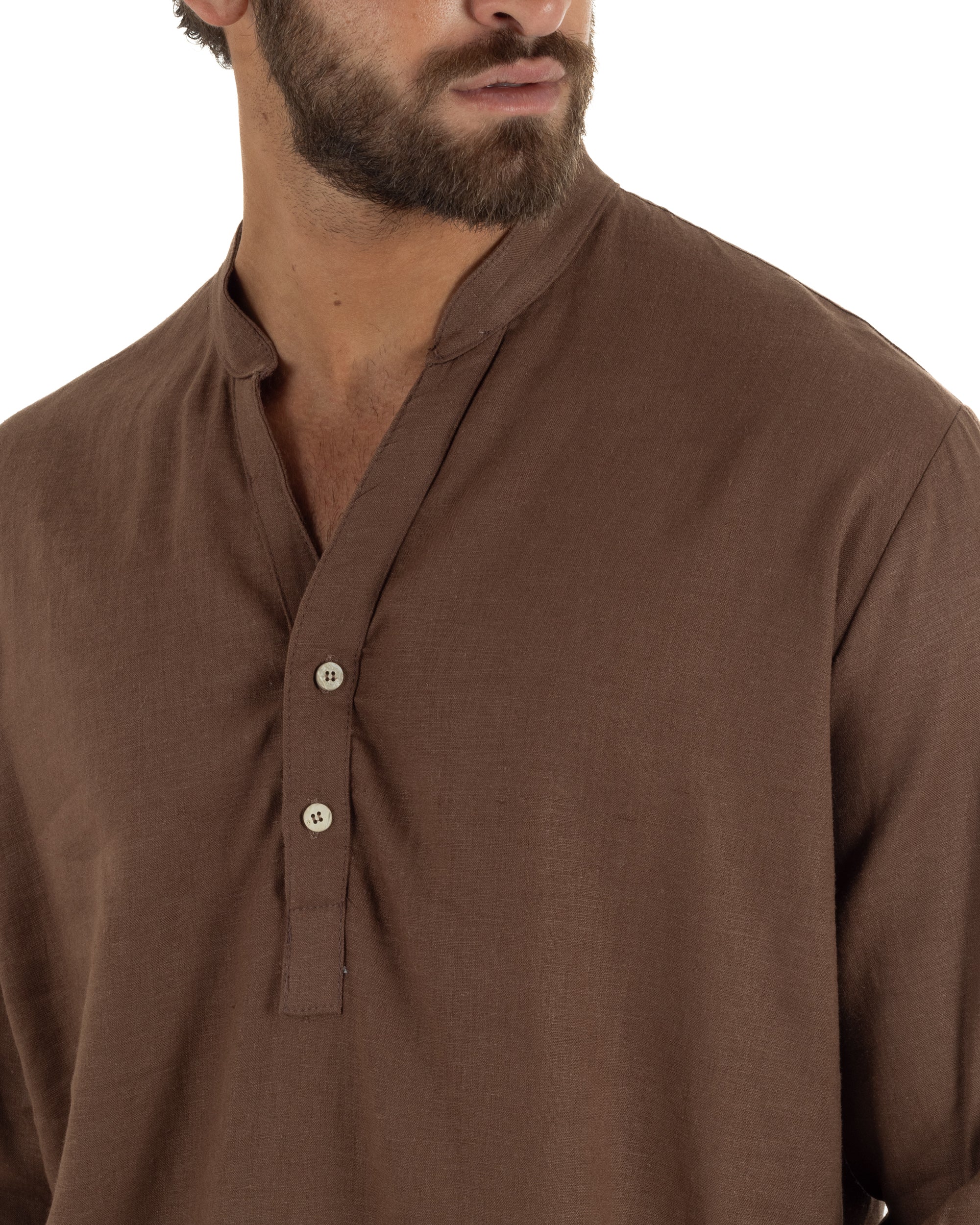 Camicia uomo lino regular fit collo coreano serafino scollo v marrone GIOSAL-C3092A