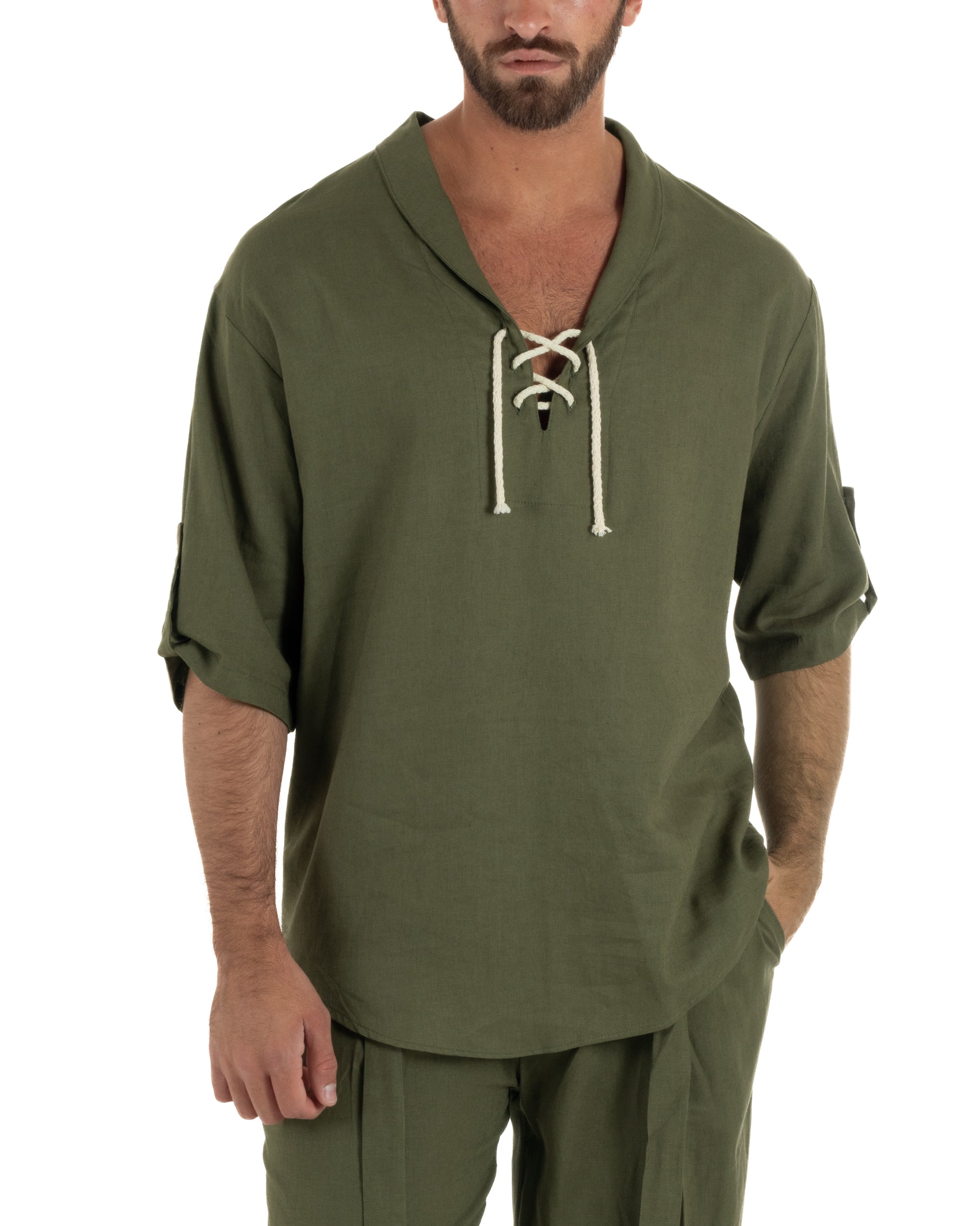 Camicia lino casacca maniche 3/4 scollo lacci verde GIOSAL-C3093A