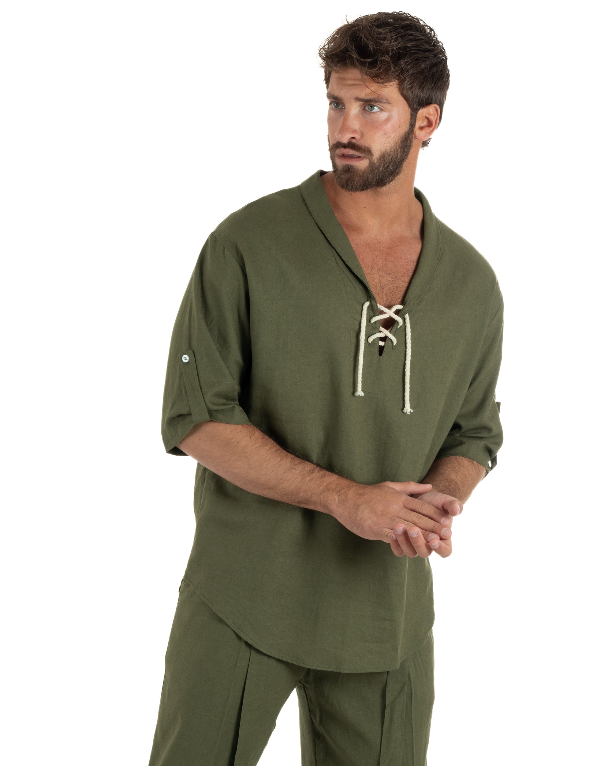Camicia lino casacca maniche 3/4 scollo lacci verde GIOSAL-C3093A