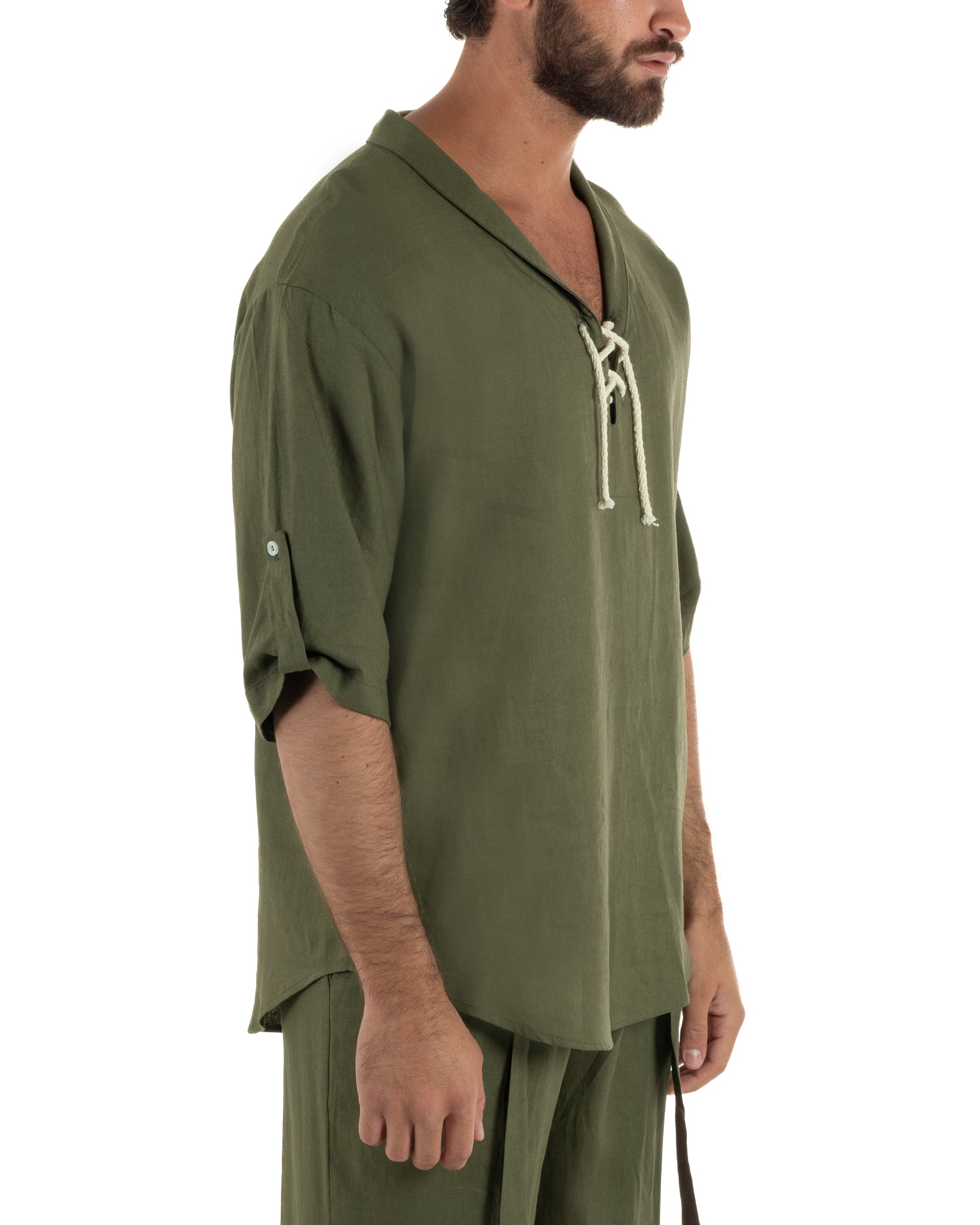 Camicia lino casacca maniche 3/4 scollo lacci verde GIOSAL-C3093A