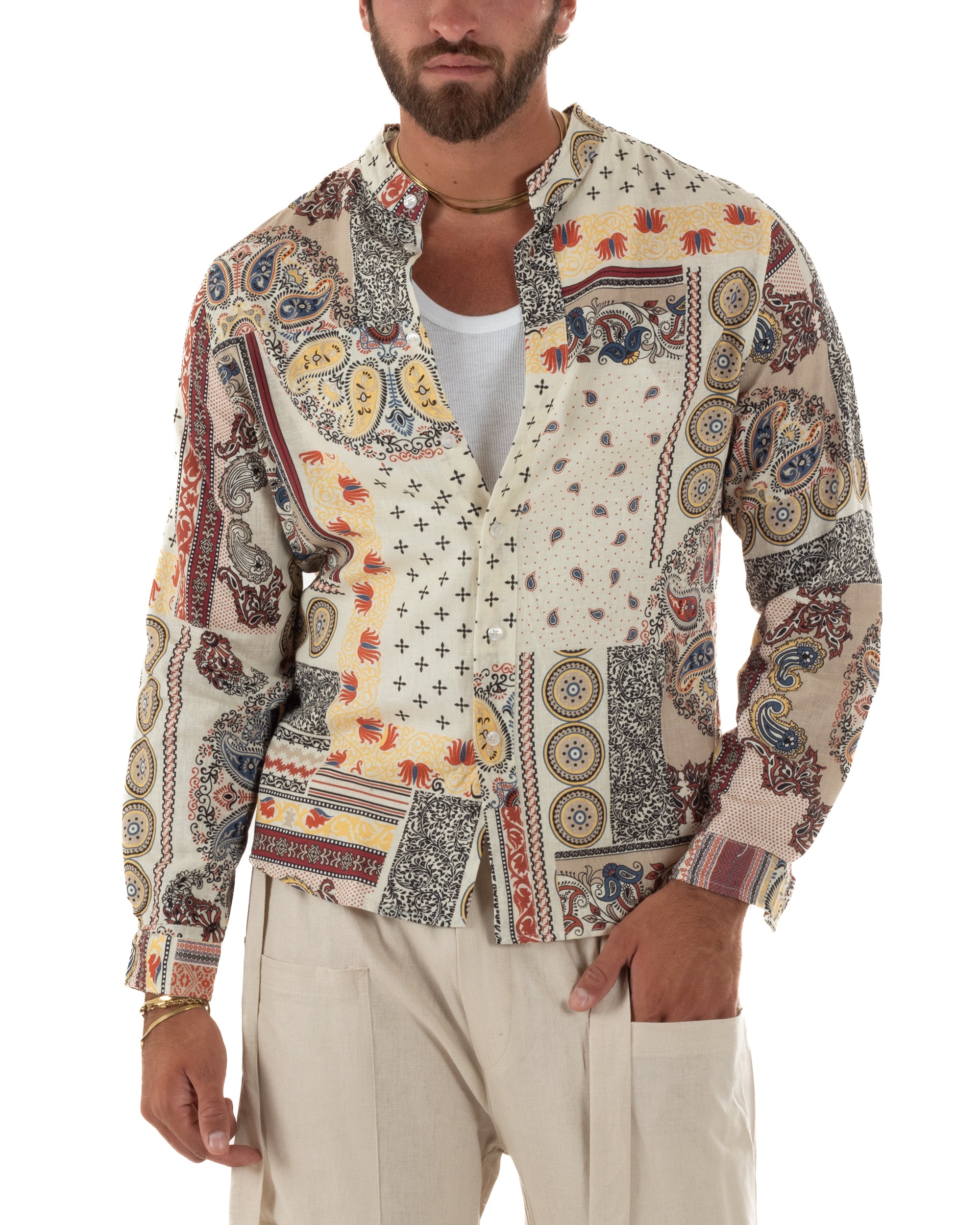 Camicia uomo lino patchwork paisley collo coreano multicolore bianco GIOSAL-C3094A