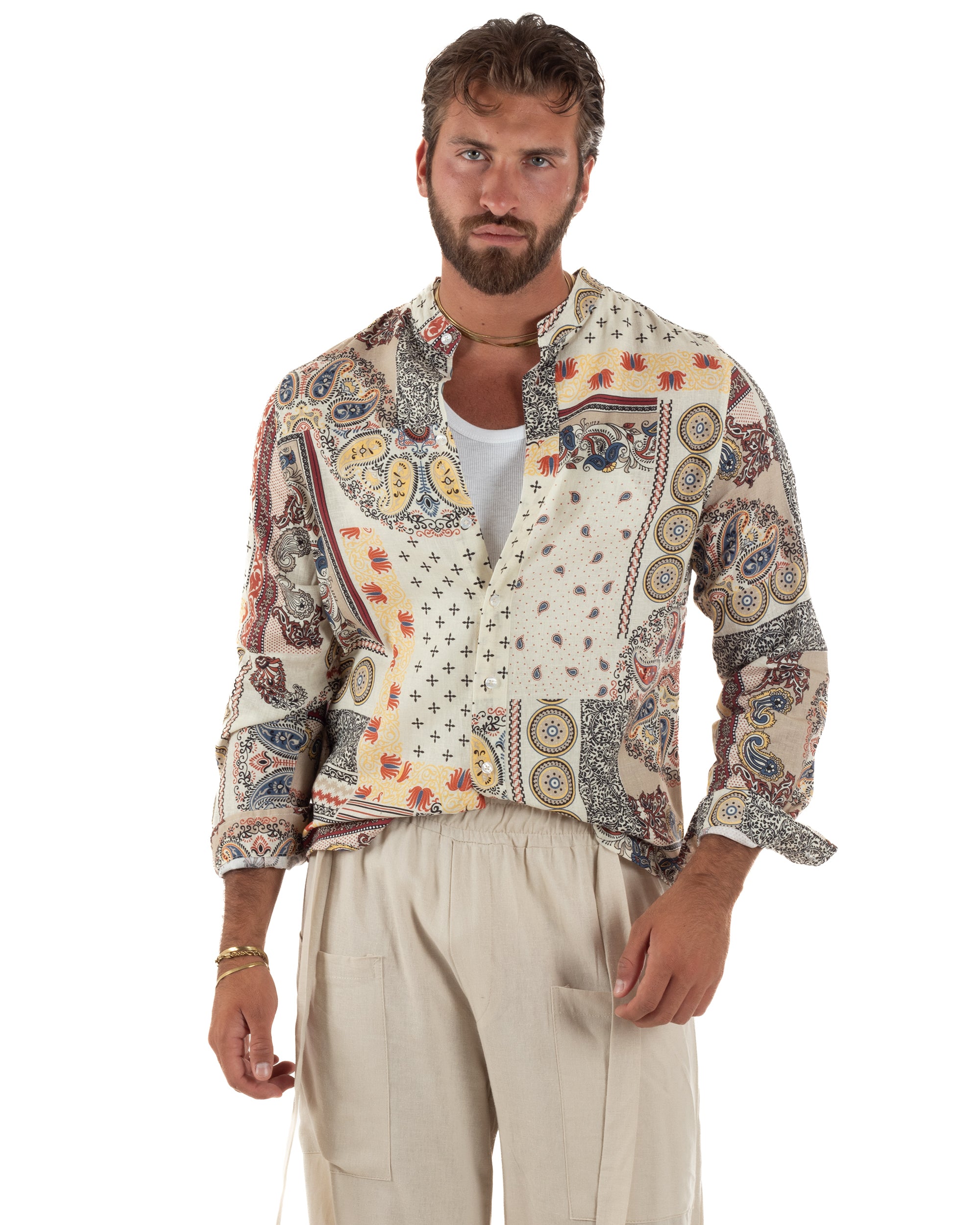 Camicia uomo lino patchwork paisley collo coreano multicolore bianco GIOSAL-C3094A