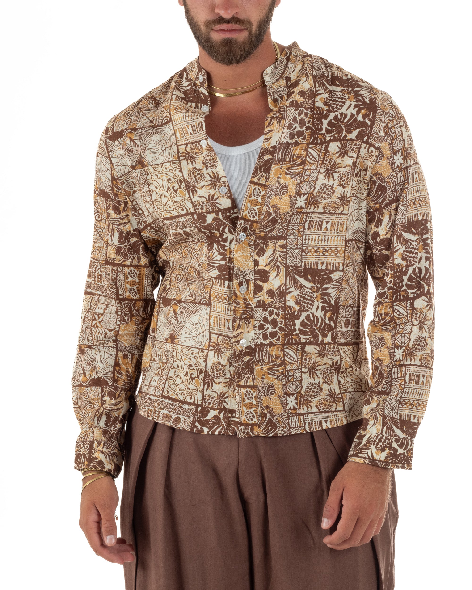 Camicia uomo lino patchwork etnico collo coreano beige GIOSAL-C3095A